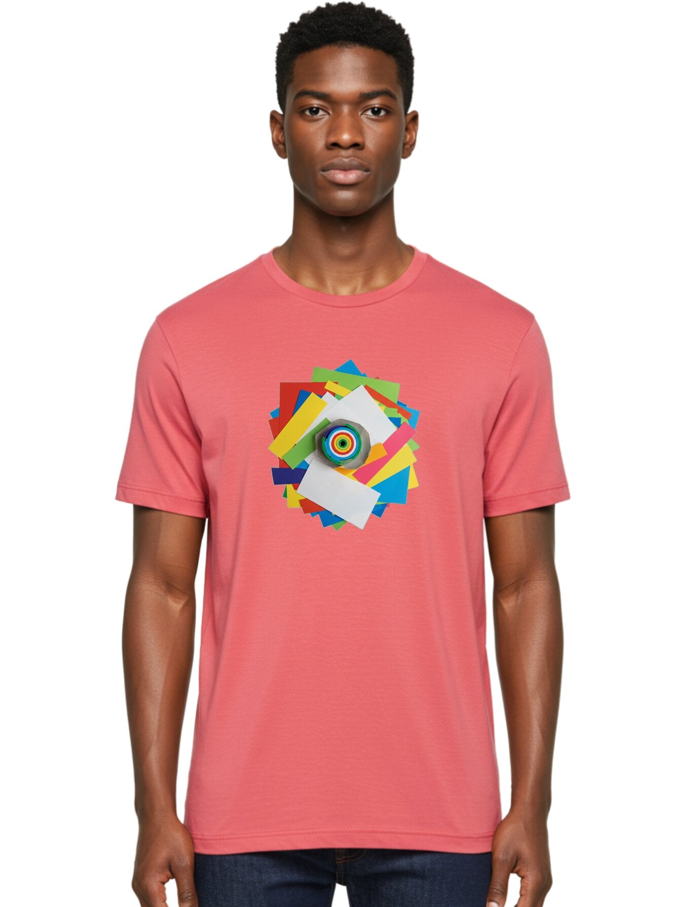 Colorful-Paper-Scraps Men'S Graphic Tee, 100% Cotton, Comfortable Casual Summer Wear, Machine Washable, Multicolored Papers, Camera Lens, Creative Collage, Art Supplies, Vibrant Colors, Colorful Textures, Abstract Art, Photography Equipment Bac886 25