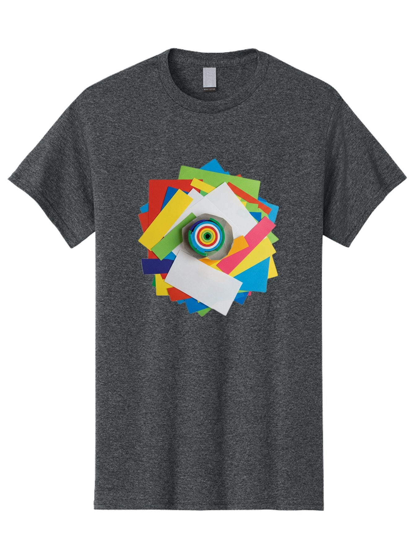 Colorful-Paper-Scraps Men'S Graphic Tee, 100% Cotton, Comfortable Casual Summer Wear, Machine Washable, Multicolored Papers, Camera Lens, Creative Collage, Art Supplies, Vibrant Colors, Colorful Textures, Abstract Art, Photography Equipment Bac886 3