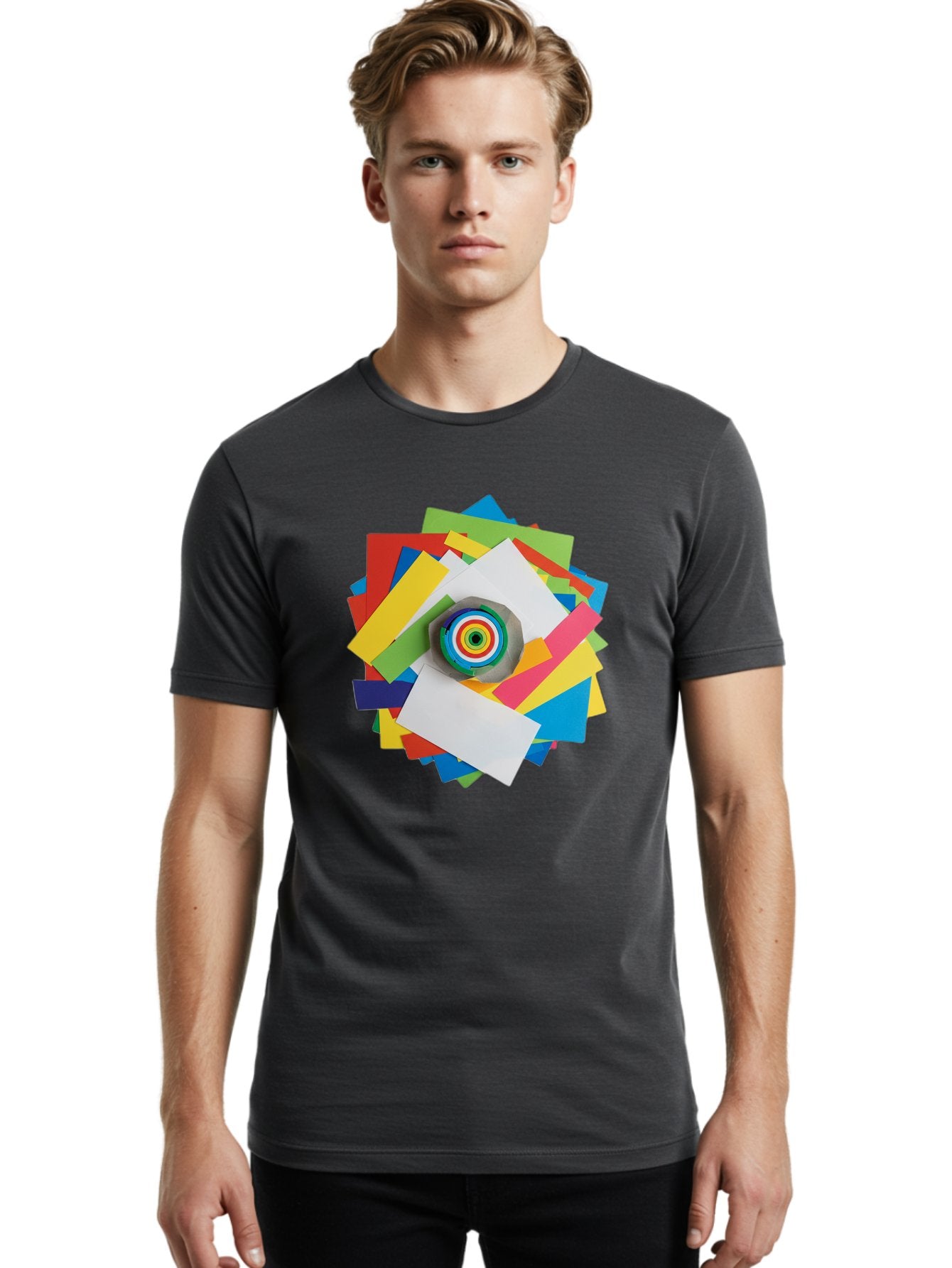 Colorful-Paper-Scraps Men'S Graphic Tee, 100% Cotton, Comfortable Casual Summer Wear, Machine Washable, Multicolored Papers, Camera Lens, Creative Collage, Art Supplies, Vibrant Colors, Colorful Textures, Abstract Art, Photography Equipment Bac886 22
