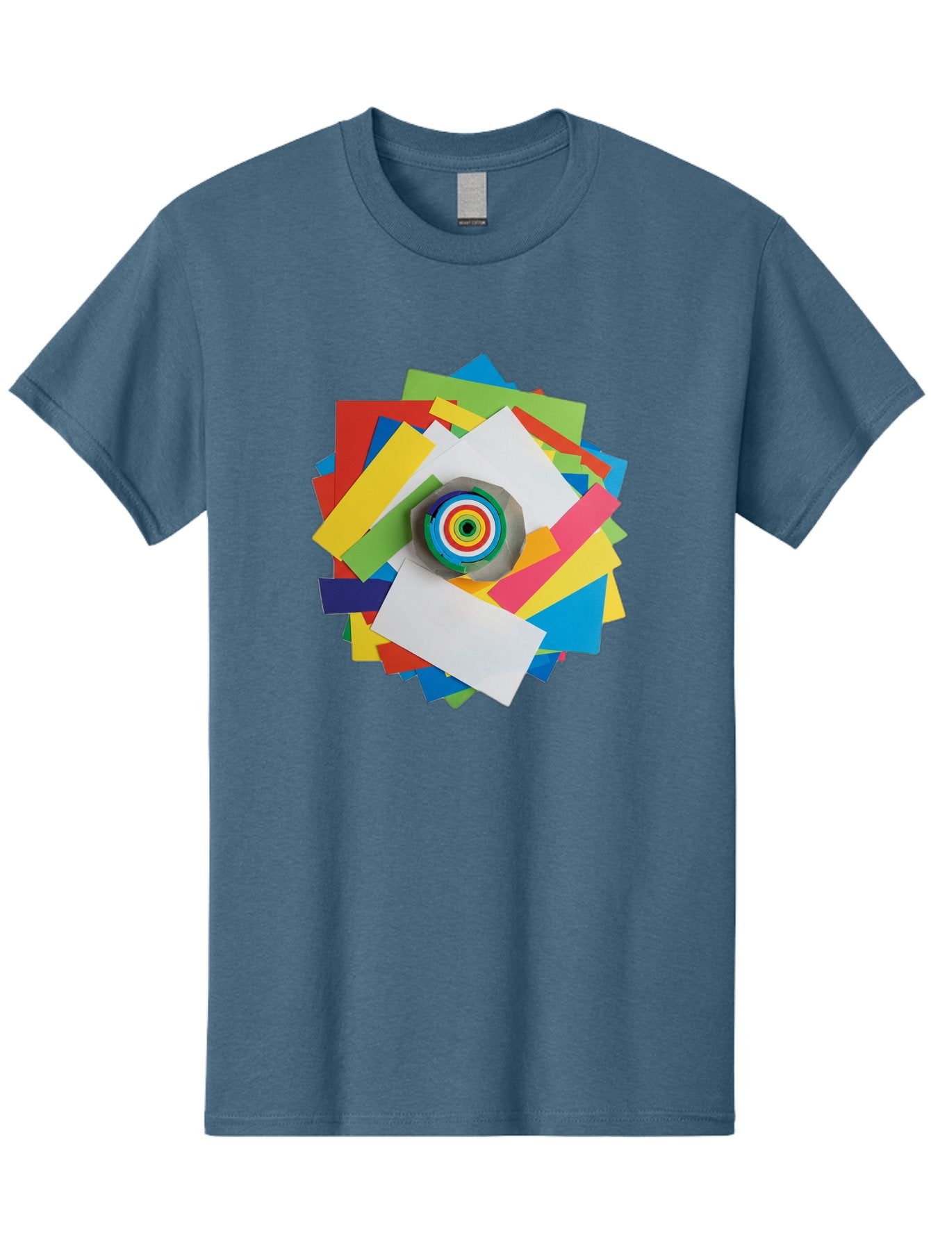 Colorful-Paper-Scraps Men'S Graphic Tee, 100% Cotton, Comfortable Casual Summer Wear, Machine Washable, Multicolored Papers, Camera Lens, Creative Collage, Art Supplies, Vibrant Colors, Colorful Textures, Abstract Art, Photography Equipment Bac886