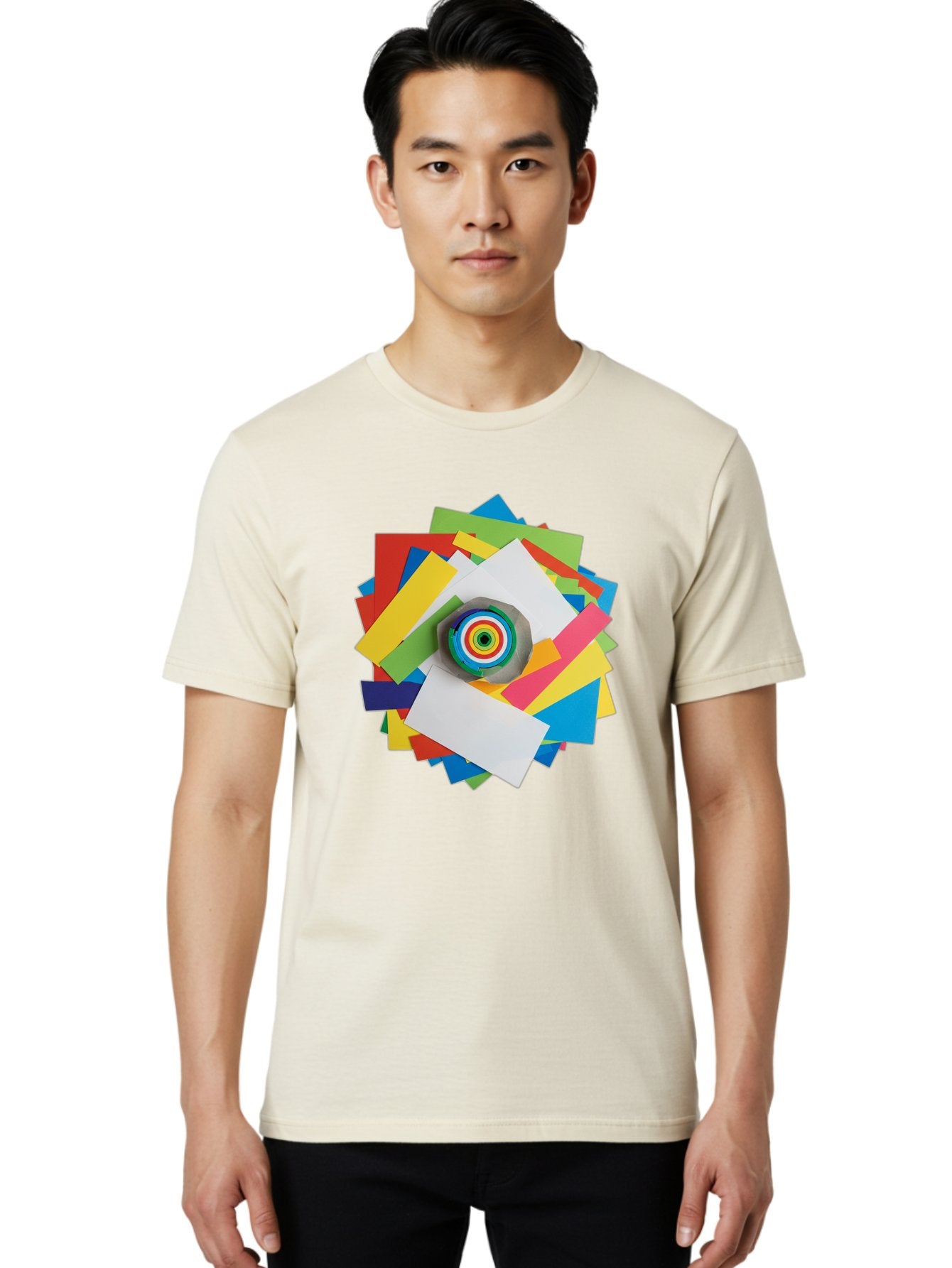 Colorful-Paper-Scraps Men'S Graphic Tee, 100% Cotton, Comfortable Casual Summer Wear, Machine Washable, Multicolored Papers, Camera Lens, Creative Collage, Art Supplies, Vibrant Colors, Colorful Textures, Abstract Art, Photography Equipment Bac886 24