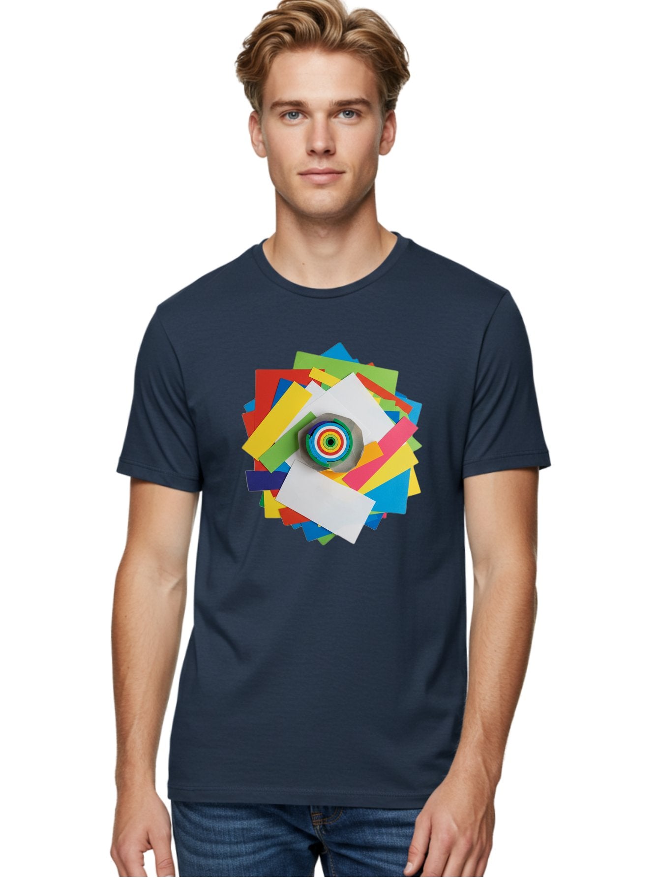 Colorful-Paper-Scraps Men'S Graphic Tee, 100% Cotton, Comfortable Casual Summer Wear, Machine Washable, Multicolored Papers, Camera Lens, Creative Collage, Art Supplies, Vibrant Colors, Colorful Textures, Abstract Art, Photography Equipment Bac886 16