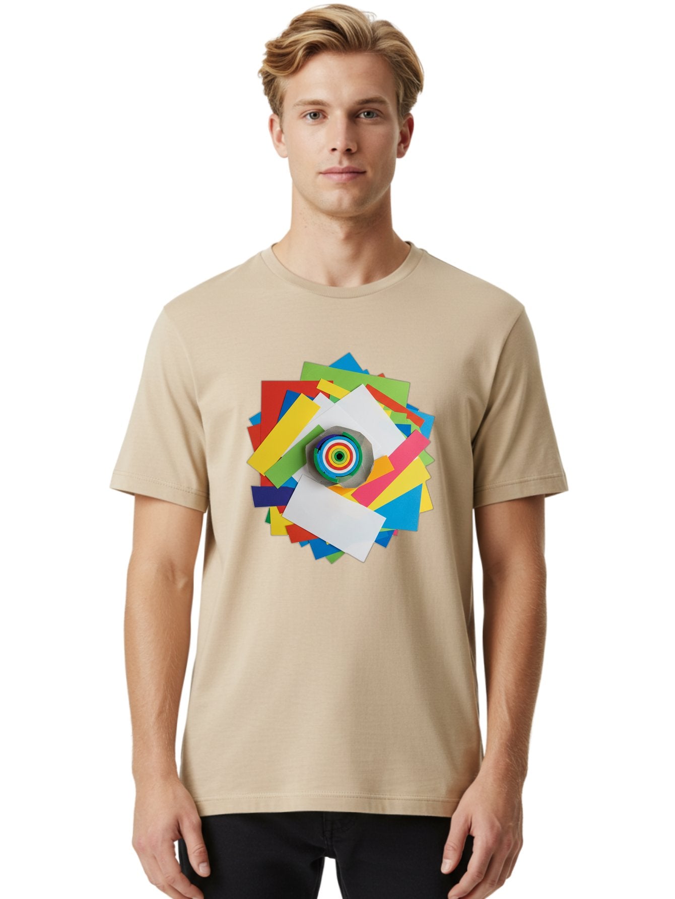 Colorful-Paper-Scraps Men'S Graphic Tee, 100% Cotton, Comfortable Casual Summer Wear, Machine Washable, Multicolored Papers, Camera Lens, Creative Collage, Art Supplies, Vibrant Colors, Colorful Textures, Abstract Art, Photography Equipment Bac886 30