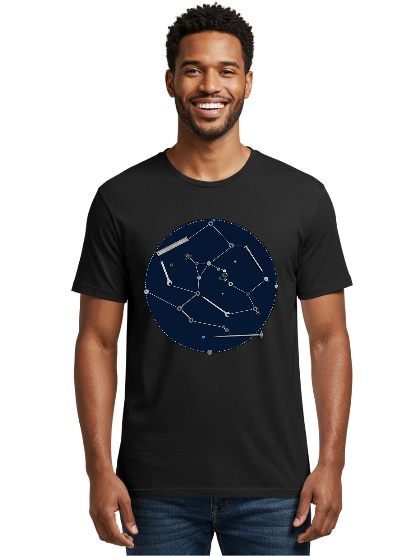 Constellation-Pattern Men'S Graphic Tee, 100% Cotton, Comfortable Casual Summer Wear, Machine Washable, Tools Forming A Constellation, Wrenches As Stars, Creative Representation, Mechanical Art, Unique Pattern, Industrial Elements, Bac888 25