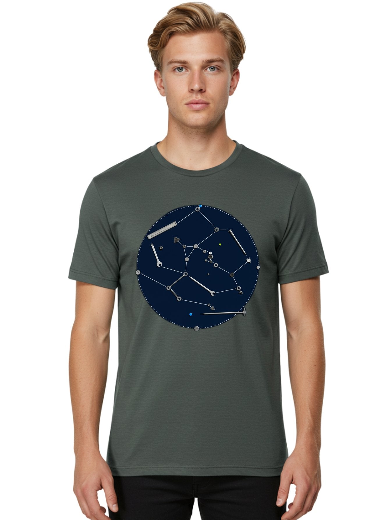 Constellation-Pattern Men'S Graphic Tee, 100% Cotton, Comfortable Casual Summer Wear, Machine Washable, Tools Forming A Constellation, Wrenches As Stars, Creative Representation, Mechanical Art, Unique Pattern, Industrial Elements, Bac888 24