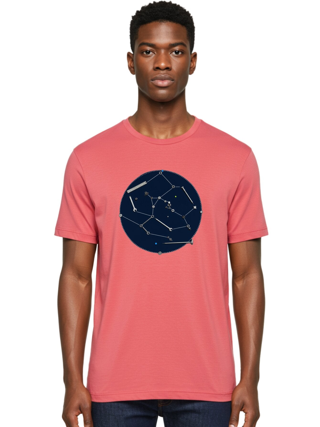 Constellation-Pattern Men'S Graphic Tee, 100% Cotton, Comfortable Casual Summer Wear, Machine Washable, Tools Forming A Constellation, Wrenches As Stars, Creative Representation, Mechanical Art, Unique Pattern, Industrial Elements, Bac888 20