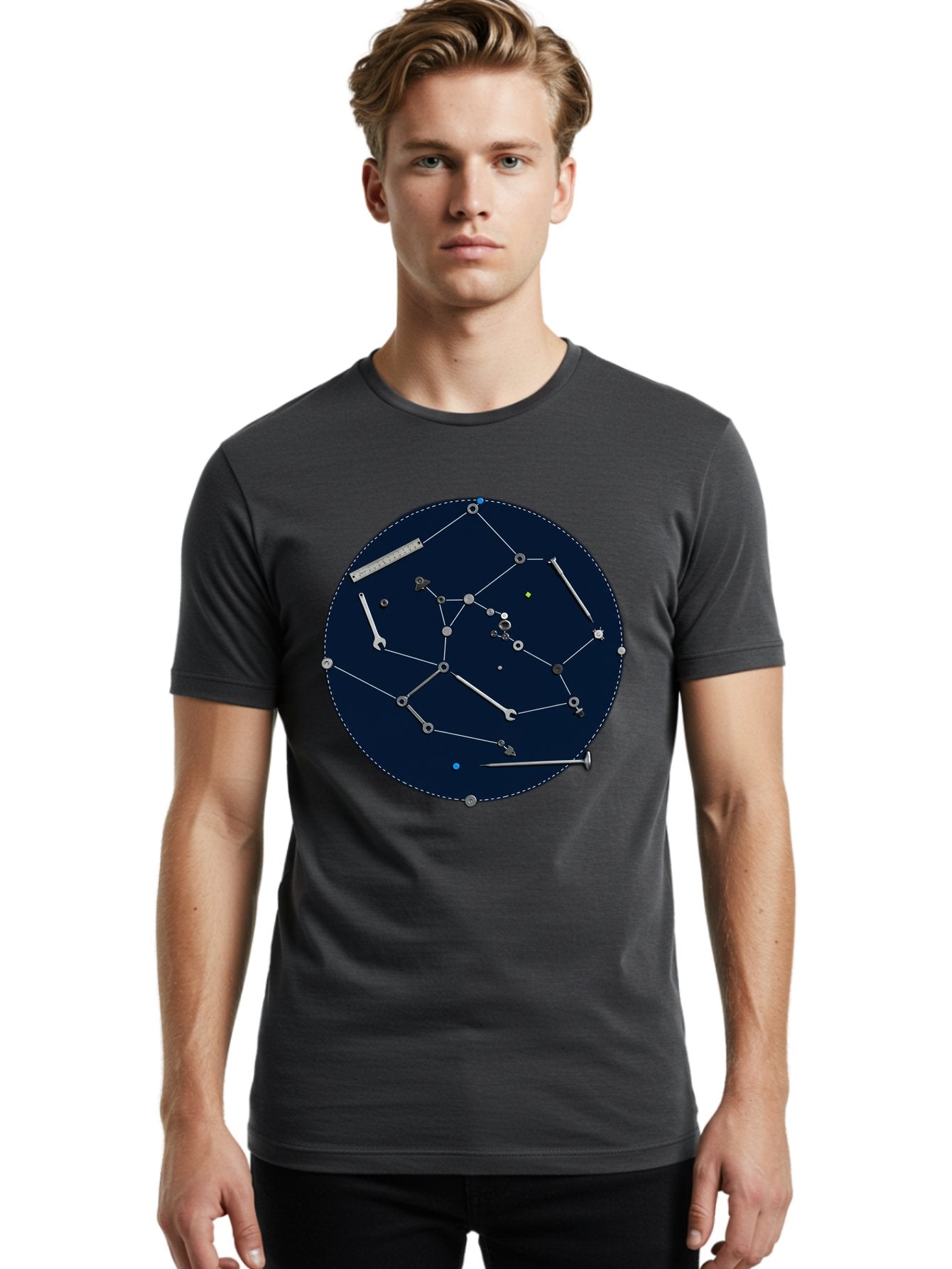 Constellation-Pattern Men'S Graphic Tee, 100% Cotton, Comfortable Casual Summer Wear, Machine Washable, Tools Forming A Constellation, Wrenches As Stars, Creative Representation, Mechanical Art, Unique Pattern, Industrial Elements, Bac888 23