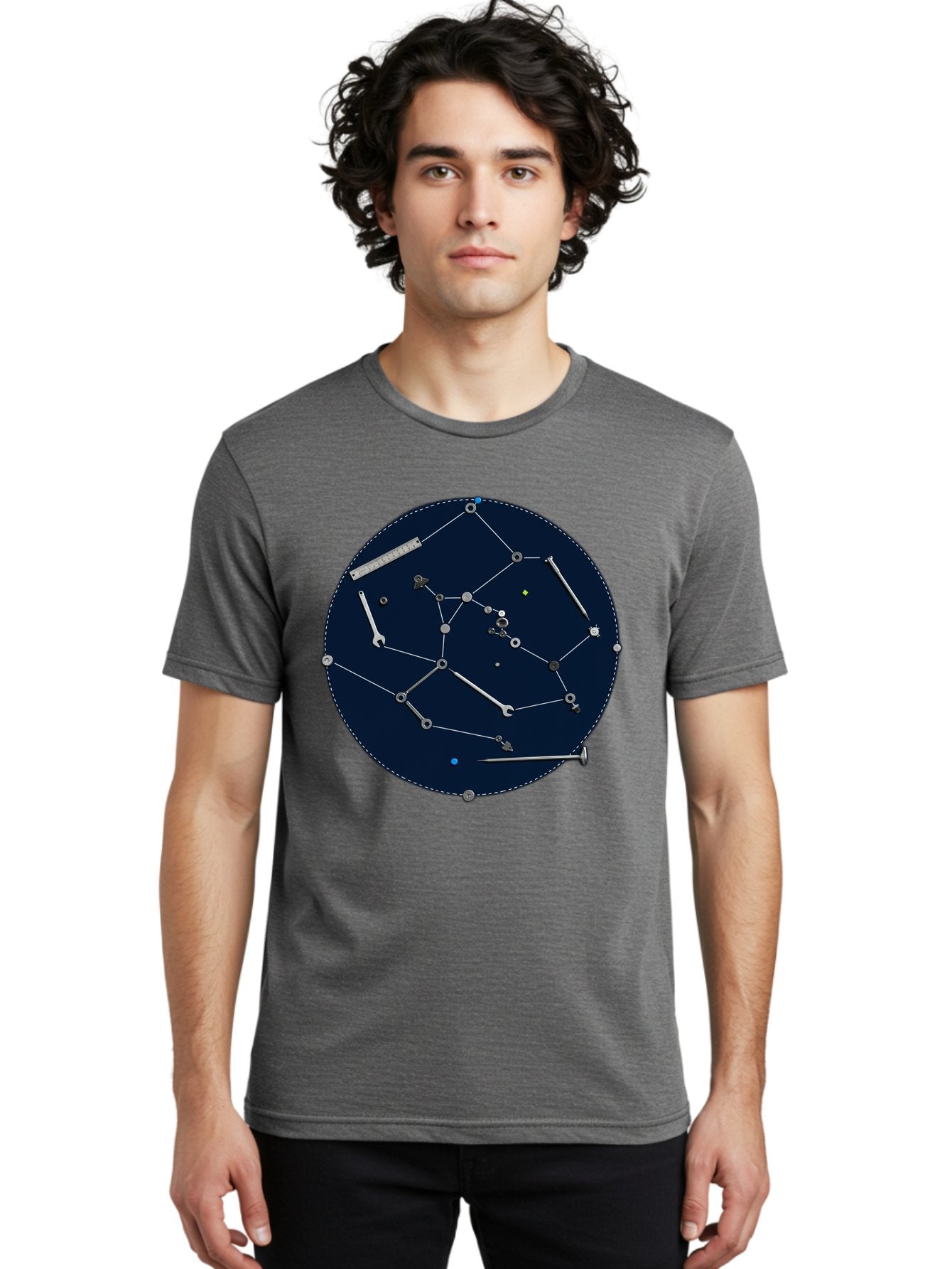 Constellation-Pattern Men'S Graphic Tee, 100% Cotton, Comfortable Casual Summer Wear, Machine Washable, Tools Forming A Constellation, Wrenches As Stars, Creative Representation, Mechanical Art, Unique Pattern, Industrial Elements, Bac888 26