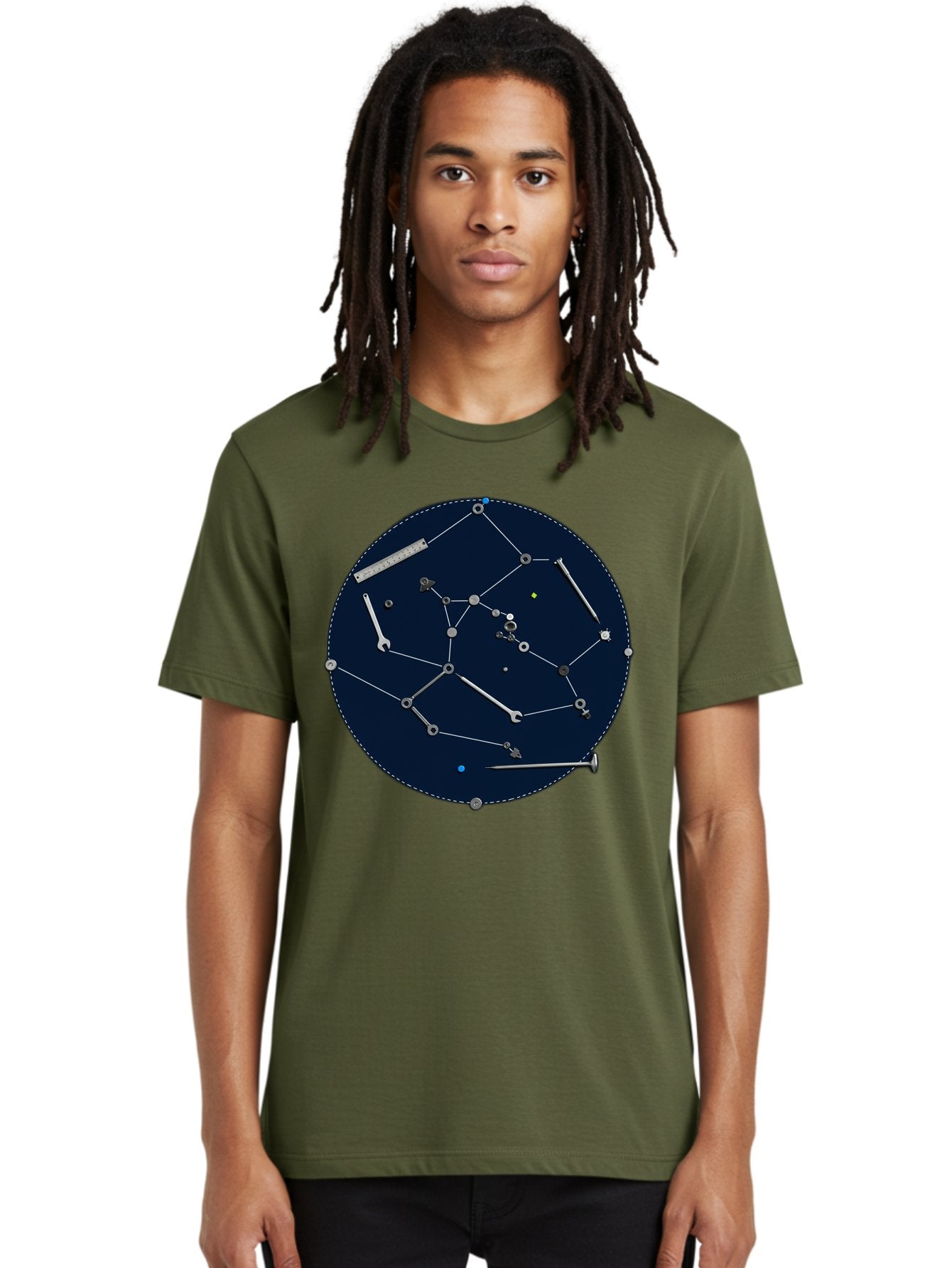 Constellation-Pattern Men'S Graphic Tee, 100% Cotton, Comfortable Casual Summer Wear, Machine Washable, Tools Forming A Constellation, Wrenches As Stars, Creative Representation, Mechanical Art, Unique Pattern, Industrial Elements, Bac888 22