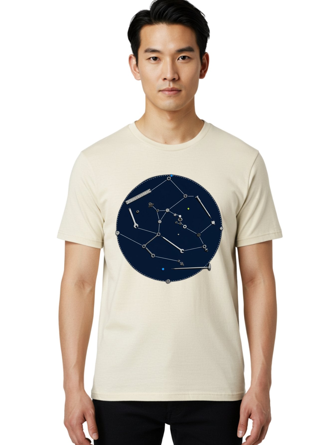 Constellation-Pattern Men'S Graphic Tee, 100% Cotton, Comfortable Casual Summer Wear, Machine Washable, Tools Forming A Constellation, Wrenches As Stars, Creative Representation, Mechanical Art, Unique Pattern, Industrial Elements, Bac888 18