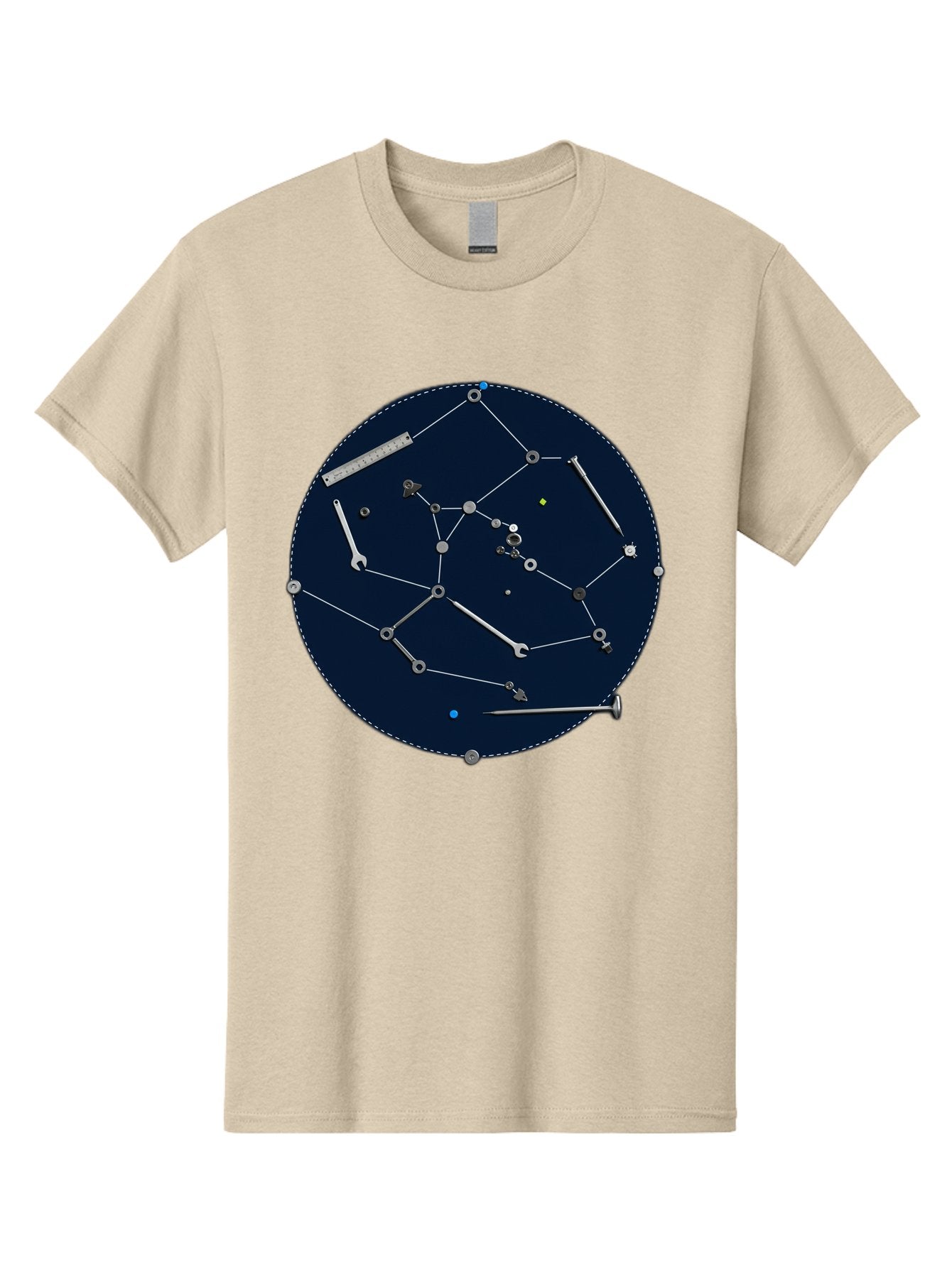 Constellation-Pattern Men'S Graphic Tee, 100% Cotton, Comfortable Casual Summer Wear, Machine Washable, Tools Forming A Constellation, Wrenches As Stars, Creative Representation, Mechanical Art, Unique Pattern, Industrial Elements, Bac888
