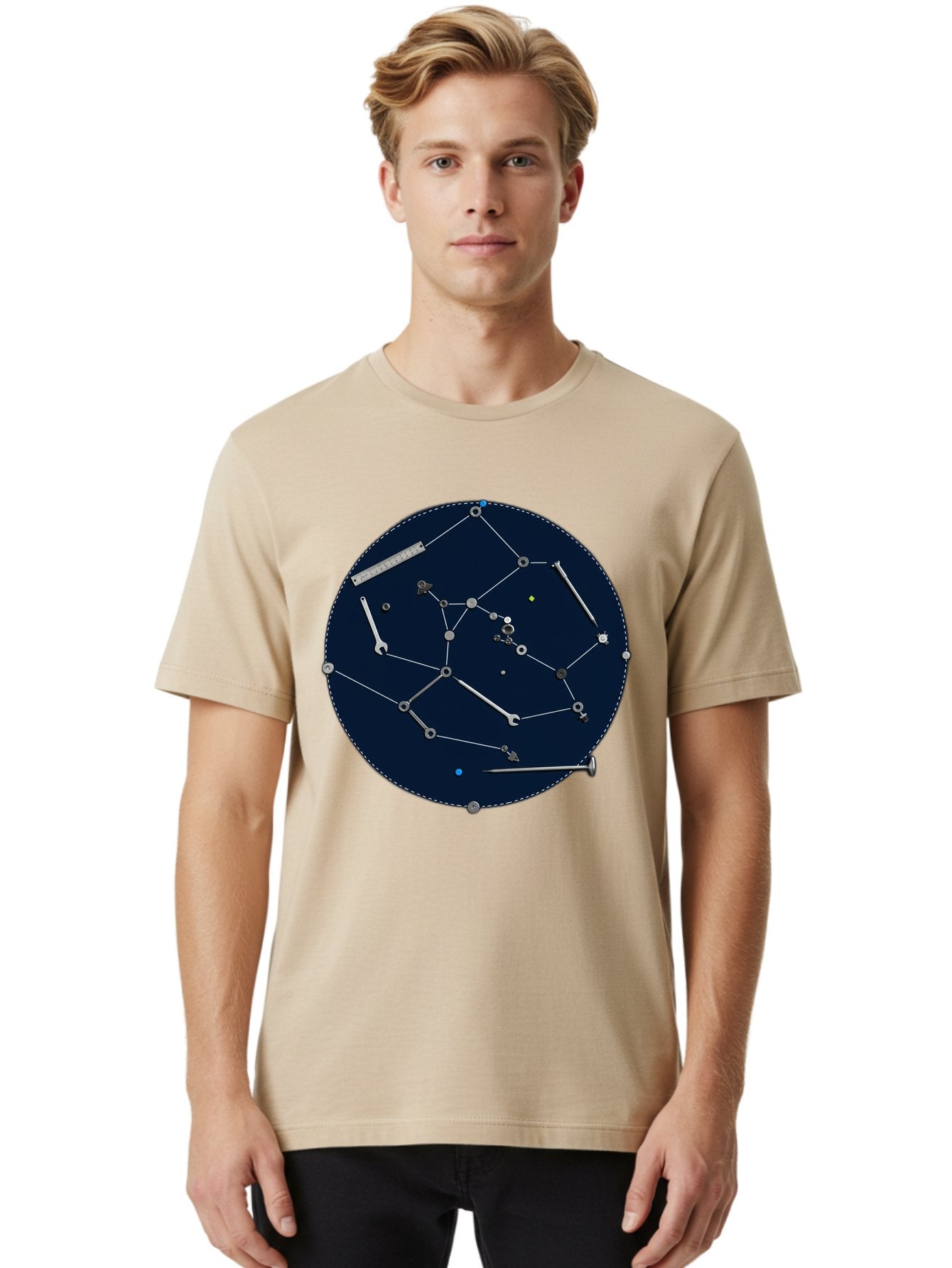 Constellation-Pattern Men'S Graphic Tee, 100% Cotton, Comfortable Casual Summer Wear, Machine Washable, Tools Forming A Constellation, Wrenches As Stars, Creative Representation, Mechanical Art, Unique Pattern, Industrial Elements, Bac888 21