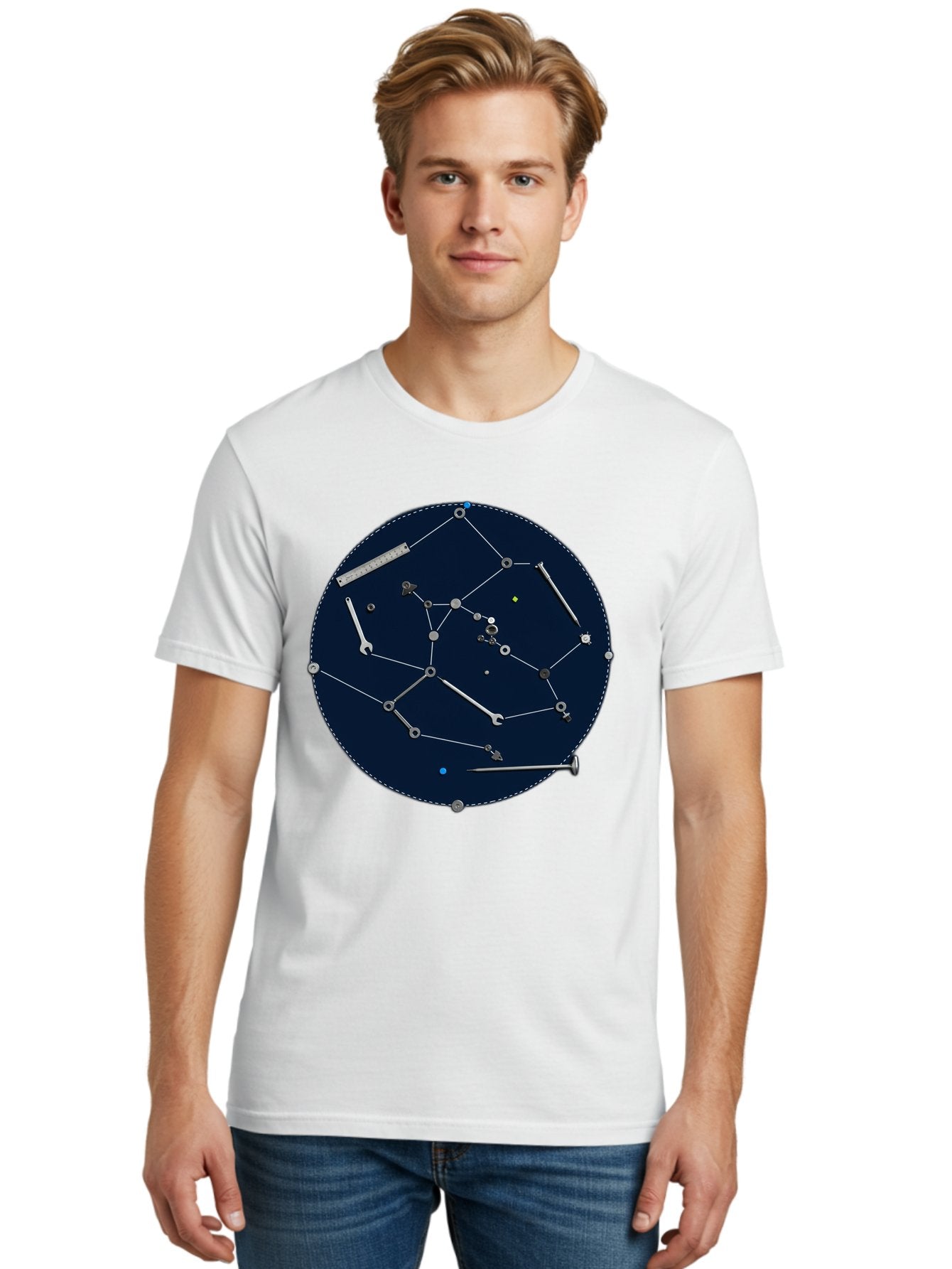 Constellation-Pattern Men'S Graphic Tee, 100% Cotton, Comfortable Casual Summer Wear, Machine Washable, Tools Forming A Constellation, Wrenches As Stars, Creative Representation, Mechanical Art, Unique Pattern, Industrial Elements, Bac888 27