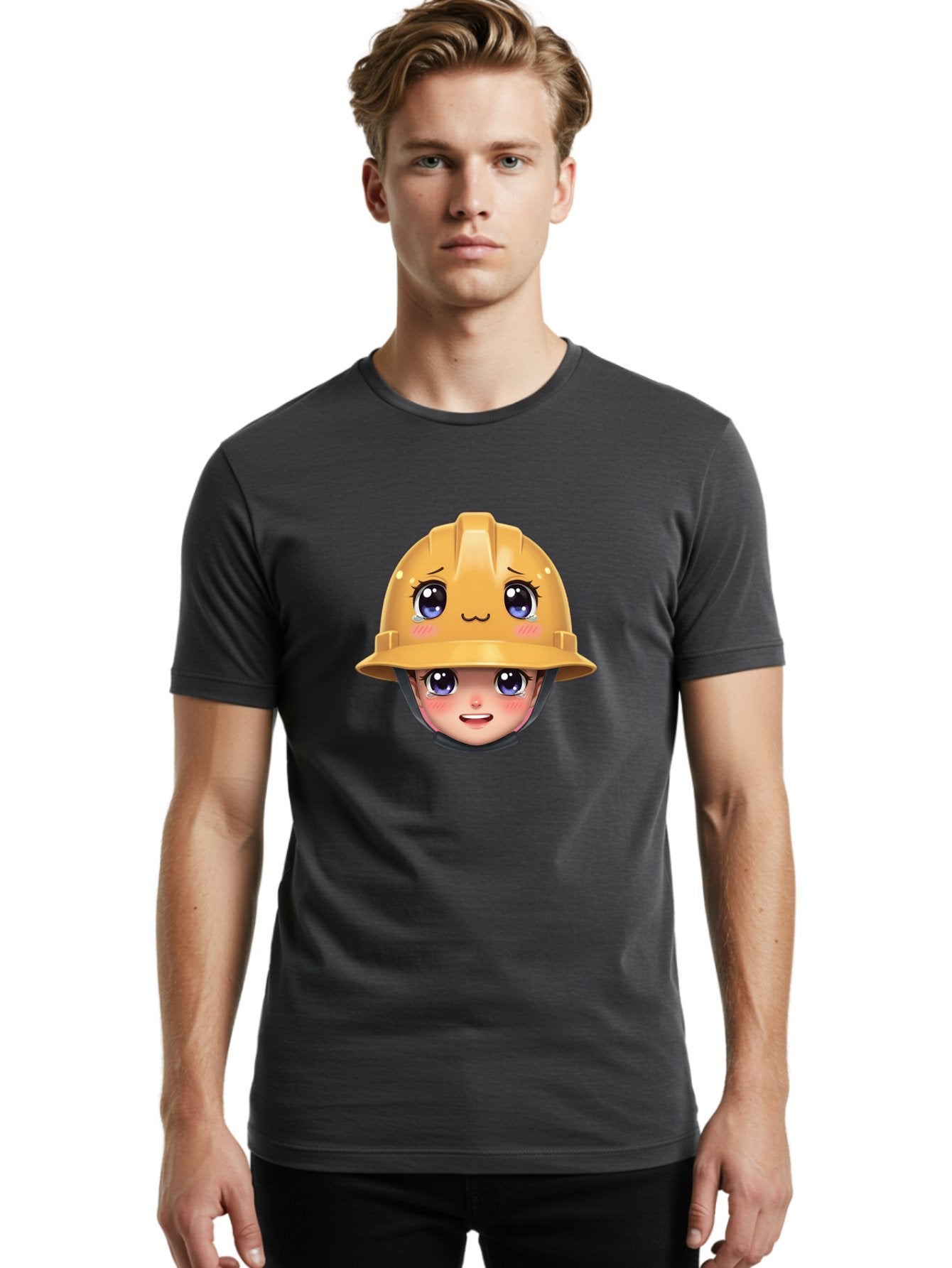 Construction-Hard-Hat-Emoji Men'S Graphic Tee, 100% Cotton, Comfortable Casual Summer Wear, Machine Washable, Kawaii Emoji, Cute Face, Hard Hat, Cartoon Character, Yellow Safety Helmet, Big Eyes, Rosy Cheeks, Smiling Face, Construction Worker, Bac890 27