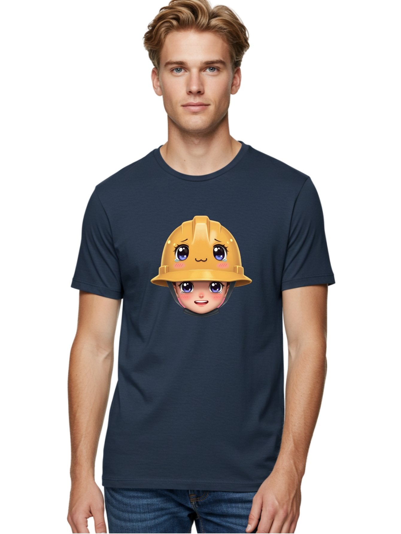 Construction-Hard-Hat-Emoji Men'S Graphic Tee, 100% Cotton, Comfortable Casual Summer Wear, Machine Washable, Kawaii Emoji, Cute Face, Hard Hat, Cartoon Character, Yellow Safety Helmet, Big Eyes, Rosy Cheeks, Smiling Face, Construction Worker, Bac890 22