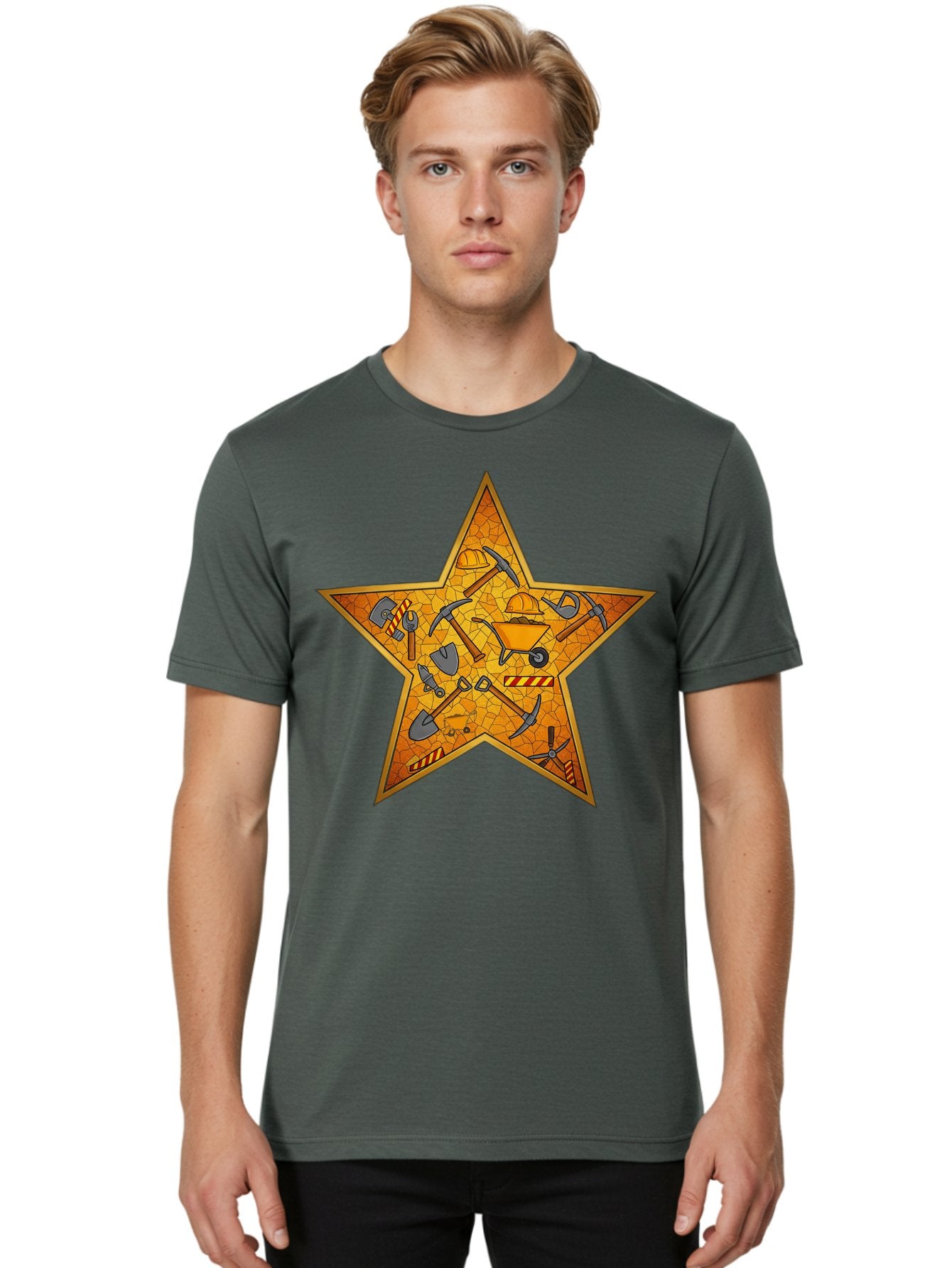 Construction-Tools-Star Men'S Graphic Tee, 100% Cotton, Comfortable Casual Summer Wear, Machine Washable, Construction Tools, Star Emblem, Hard Hat, Wheelbarrow, Shovels, Pickaxes, Hammers, Builder'S Equipment, Diy Symbol, Industrial Icon Bac891 24