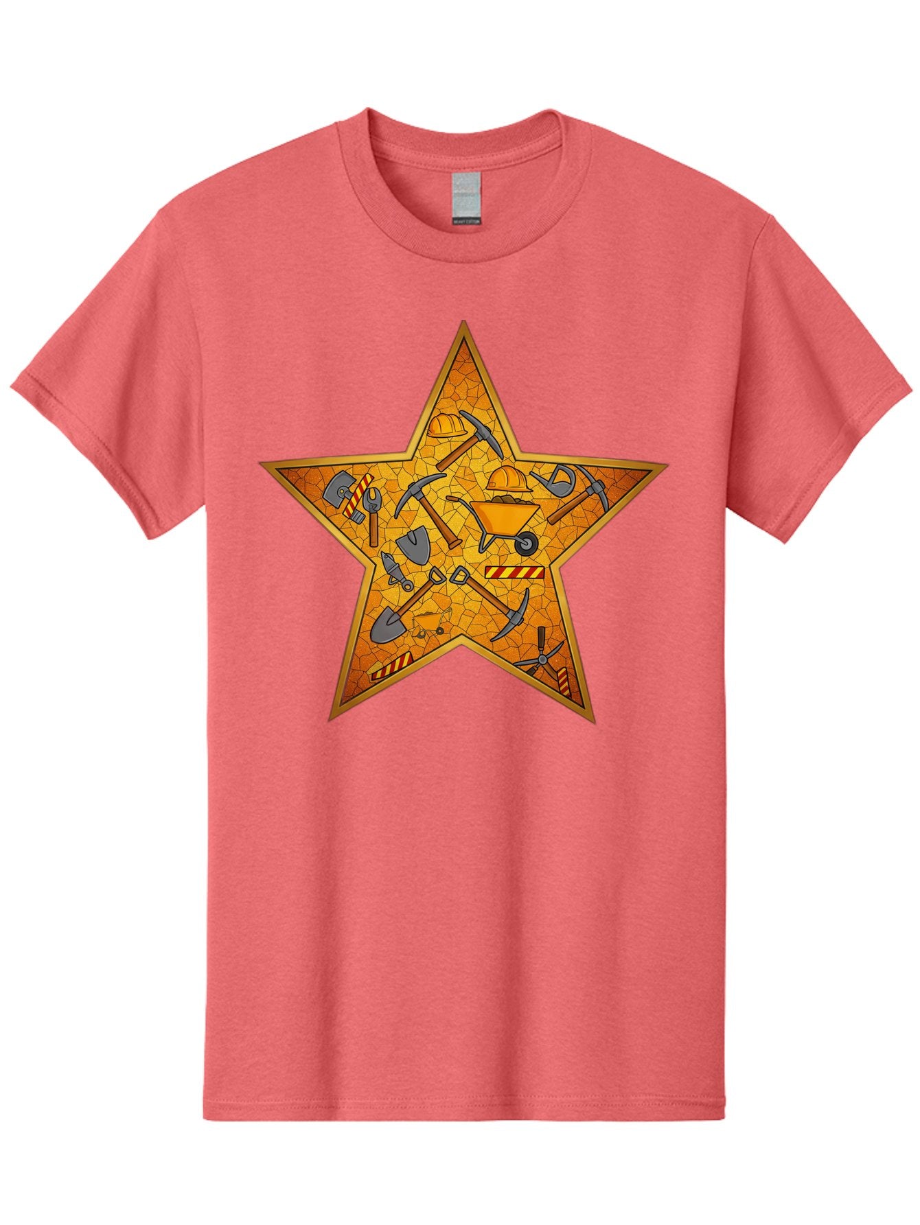 Construction-Tools-Star Men'S Graphic Tee, 100% Cotton, Comfortable Casual Summer Wear, Machine Washable, Construction Tools, Star Emblem, Hard Hat, Wheelbarrow, Shovels, Pickaxes, Hammers, Builder'S Equipment, Diy Symbol, Industrial Icon Bac891 5