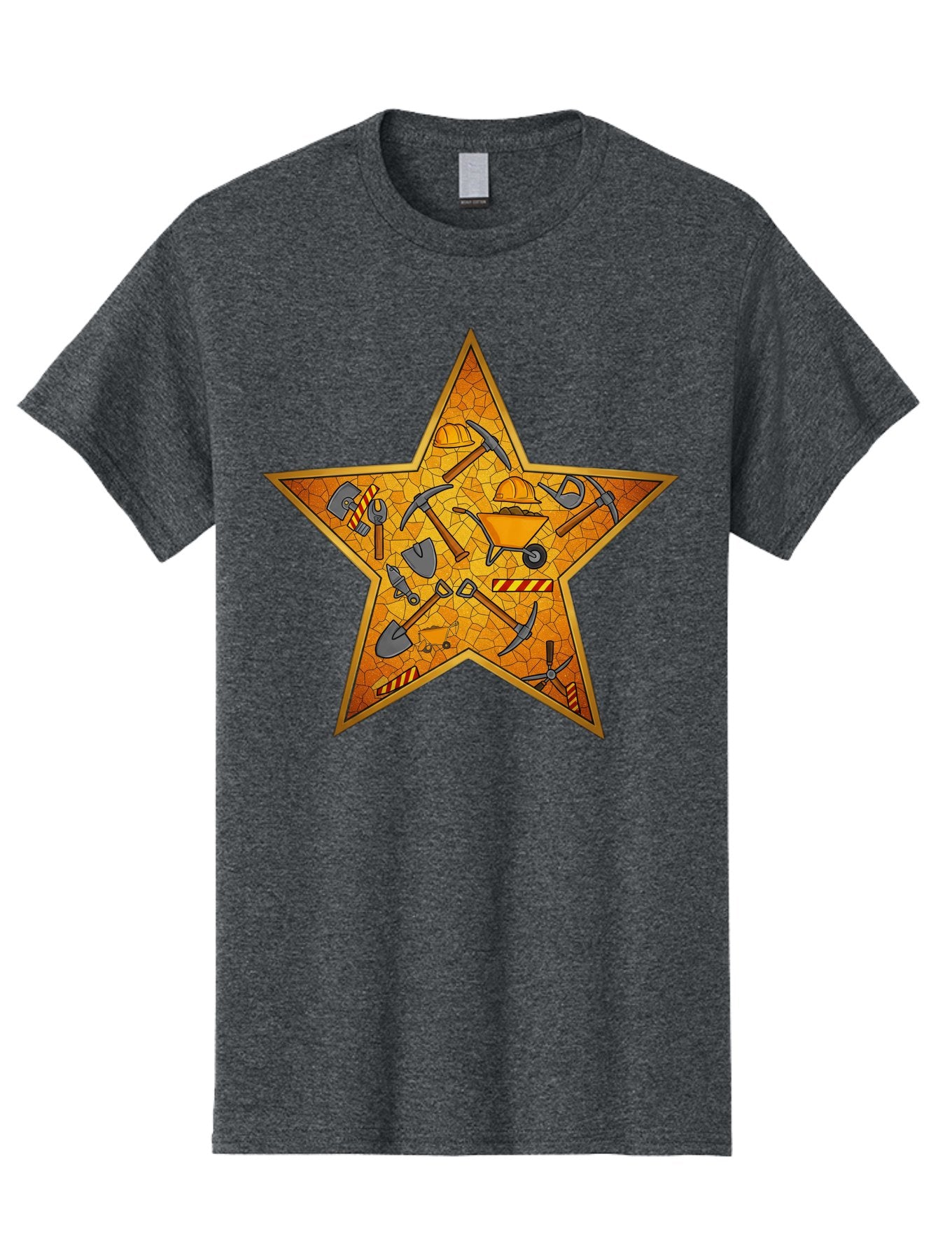 Construction-Tools-Star Men'S Graphic Tee, 100% Cotton, Comfortable Casual Summer Wear, Machine Washable, Construction Tools, Star Emblem, Hard Hat, Wheelbarrow, Shovels, Pickaxes, Hammers, Builder'S Equipment, Diy Symbol, Industrial Icon Bac891 9