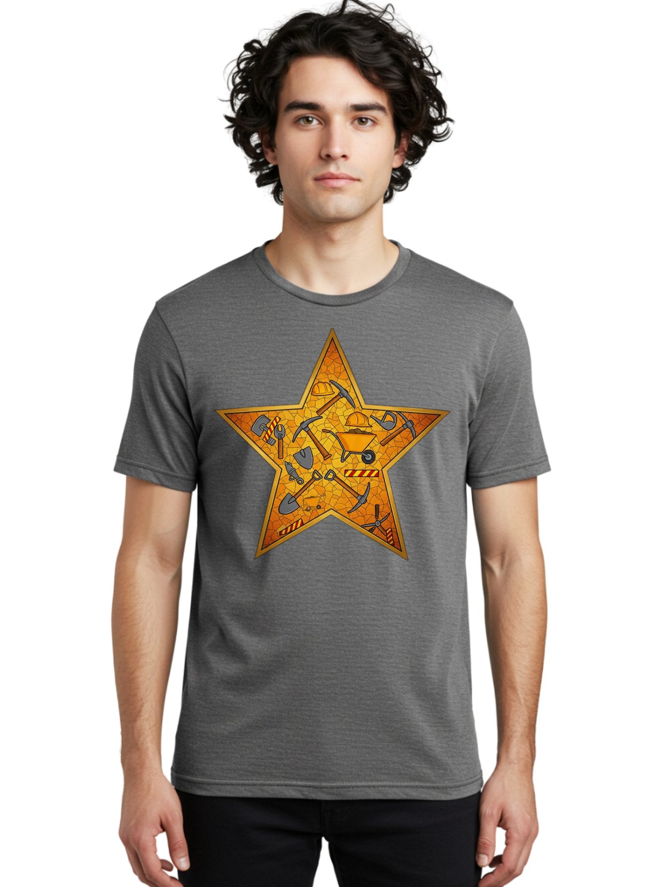 Construction-Tools-Star Men'S Graphic Tee, 100% Cotton, Comfortable Casual Summer Wear, Machine Washable, Construction Tools, Star Emblem, Hard Hat, Wheelbarrow, Shovels, Pickaxes, Hammers, Builder'S Equipment, Diy Symbol, Industrial Icon Bac891 20