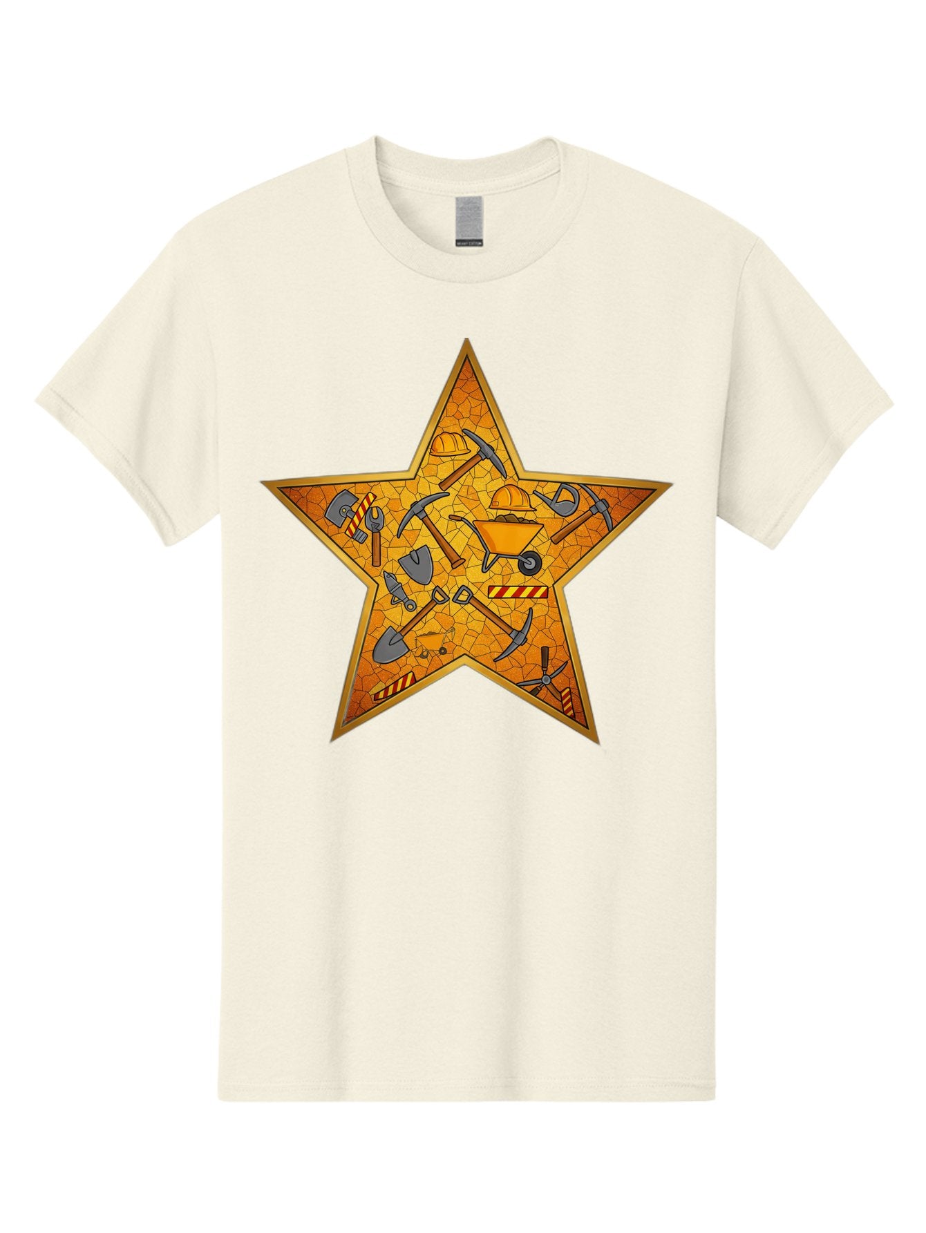 Construction-Tools-Star Men'S Graphic Tee, 100% Cotton, Comfortable Casual Summer Wear, Machine Washable, Construction Tools, Star Emblem, Hard Hat, Wheelbarrow, Shovels, Pickaxes, Hammers, Builder'S Equipment, Diy Symbol, Industrial Icon Bac891