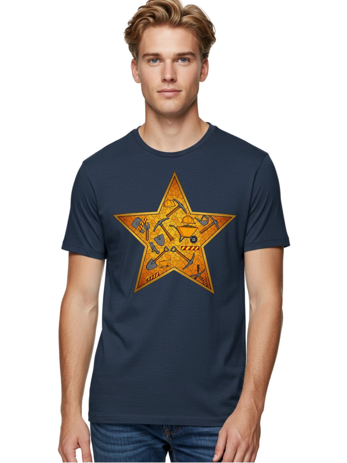 Construction-Tools-Star Men'S Graphic Tee, 100% Cotton, Comfortable Casual Summer Wear, Machine Washable, Construction Tools, Star Emblem, Hard Hat, Wheelbarrow, Shovels, Pickaxes, Hammers, Builder'S Equipment, Diy Symbol, Industrial Icon Bac891 28