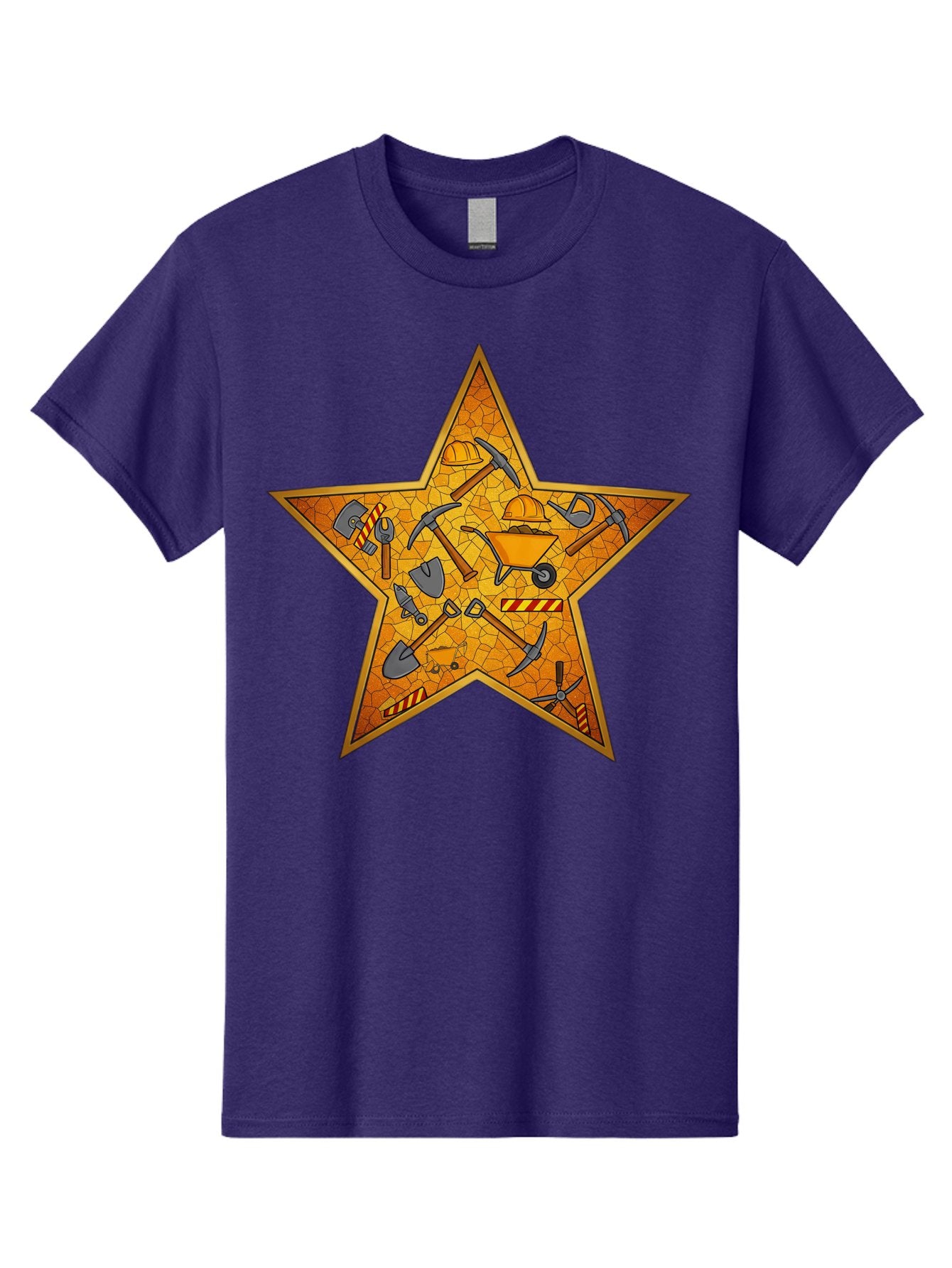 Construction-Tools-Star Men'S Graphic Tee, 100% Cotton, Comfortable Casual Summer Wear, Machine Washable, Construction Tools, Star Emblem, Hard Hat, Wheelbarrow, Shovels, Pickaxes, Hammers, Builder'S Equipment, Diy Symbol, Industrial Icon Bac891 8