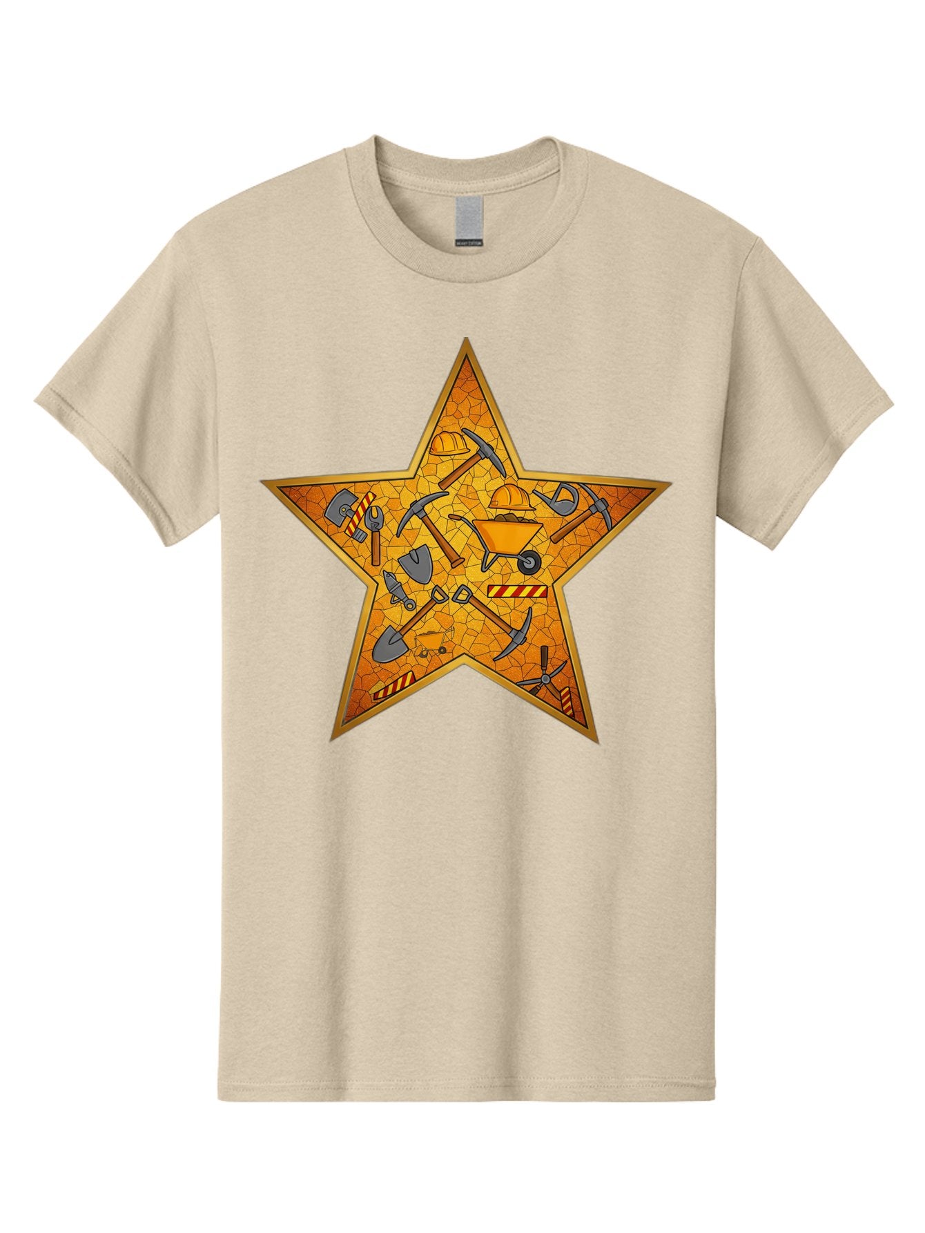 Construction-Tools-Star Men'S Graphic Tee, 100% Cotton, Comfortable Casual Summer Wear, Machine Washable, Construction Tools, Star Emblem, Hard Hat, Wheelbarrow, Shovels, Pickaxes, Hammers, Builder'S Equipment, Diy Symbol, Industrial Icon Bac891 11