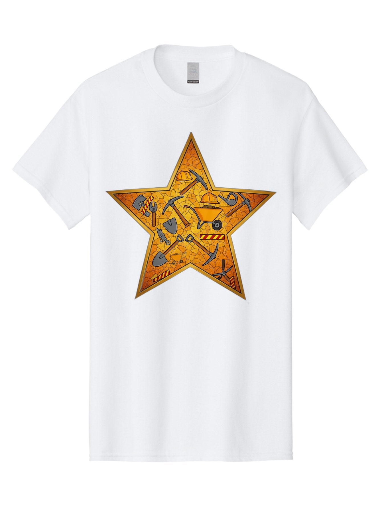 Construction-Tools-Star Men'S Graphic Tee, 100% Cotton, Comfortable Casual Summer Wear, Machine Washable, Construction Tools, Star Emblem, Hard Hat, Wheelbarrow, Shovels, Pickaxes, Hammers, Builder'S Equipment, Diy Symbol, Industrial Icon Bac891
