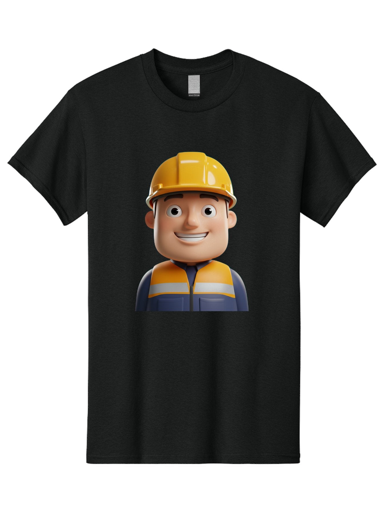 Construction-Worker-1 Men'S Graphic Tee, 100% Cotton, Comfortable Casual Summer Wear, Machine Washable, 3D Cartoon Character, Construction Worker, Hard Hat, Safety Vest, Reflective Stripes, Smiling Face, Blue Uniform, Yellow Helmet, Bac892 6