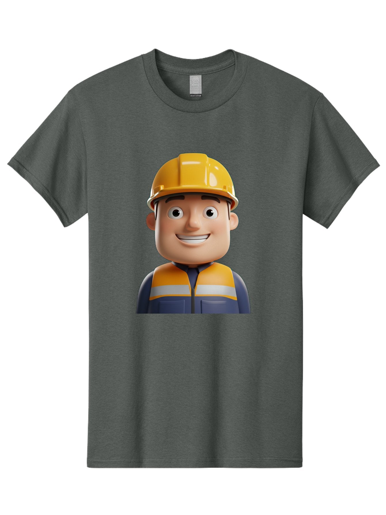 Construction-Worker-1 Men'S Graphic Tee, 100% Cotton, Comfortable Casual Summer Wear, Machine Washable, 3D Cartoon Character, Construction Worker, Hard Hat, Safety Vest, Reflective Stripes, Smiling Face, Blue Uniform, Yellow Helmet, Bac892 7