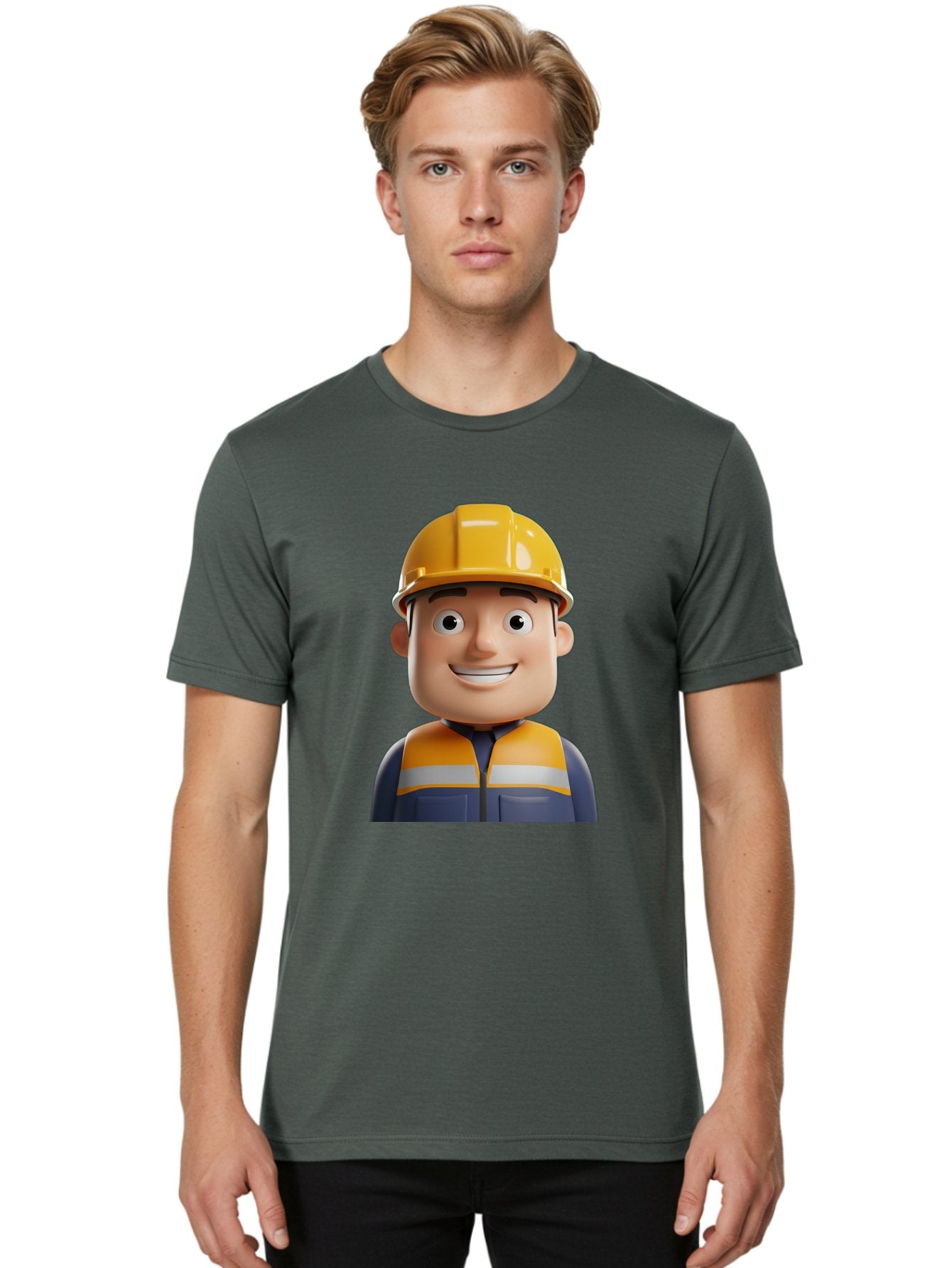 Construction-Worker-1 Men'S Graphic Tee, 100% Cotton, Comfortable Casual Summer Wear, Machine Washable, 3D Cartoon Character, Construction Worker, Hard Hat, Safety Vest, Reflective Stripes, Smiling Face, Blue Uniform, Yellow Helmet, Bac892 16
