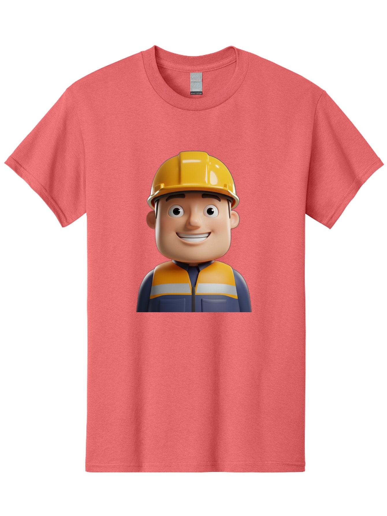 Construction-Worker-1 Men'S Graphic Tee, 100% Cotton, Comfortable Casual Summer Wear, Machine Washable, 3D Cartoon Character, Construction Worker, Hard Hat, Safety Vest, Reflective Stripes, Smiling Face, Blue Uniform, Yellow Helmet, Bac892 9