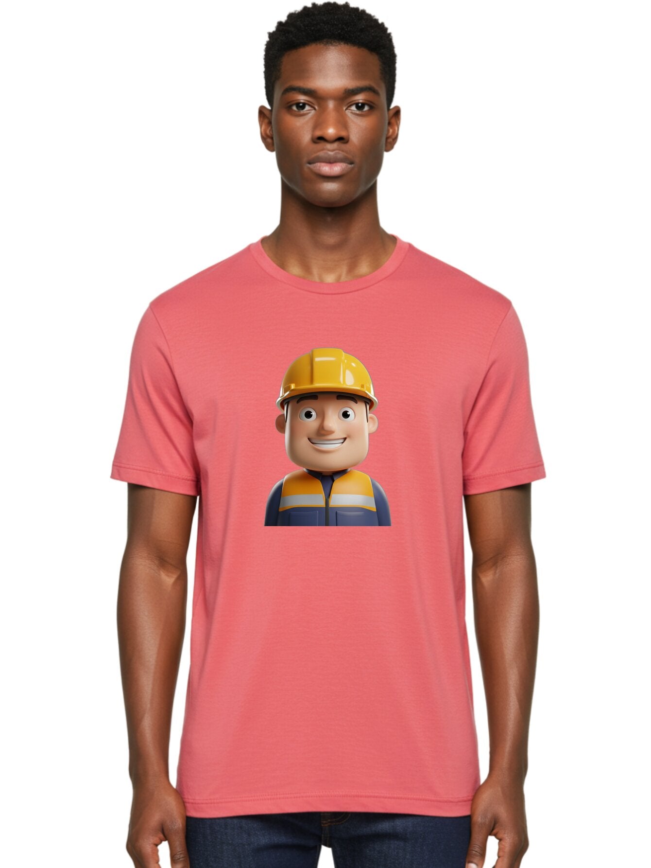 Construction-Worker-1 Men'S Graphic Tee, 100% Cotton, Comfortable Casual Summer Wear, Machine Washable, 3D Cartoon Character, Construction Worker, Hard Hat, Safety Vest, Reflective Stripes, Smiling Face, Blue Uniform, Yellow Helmet, Bac892 26