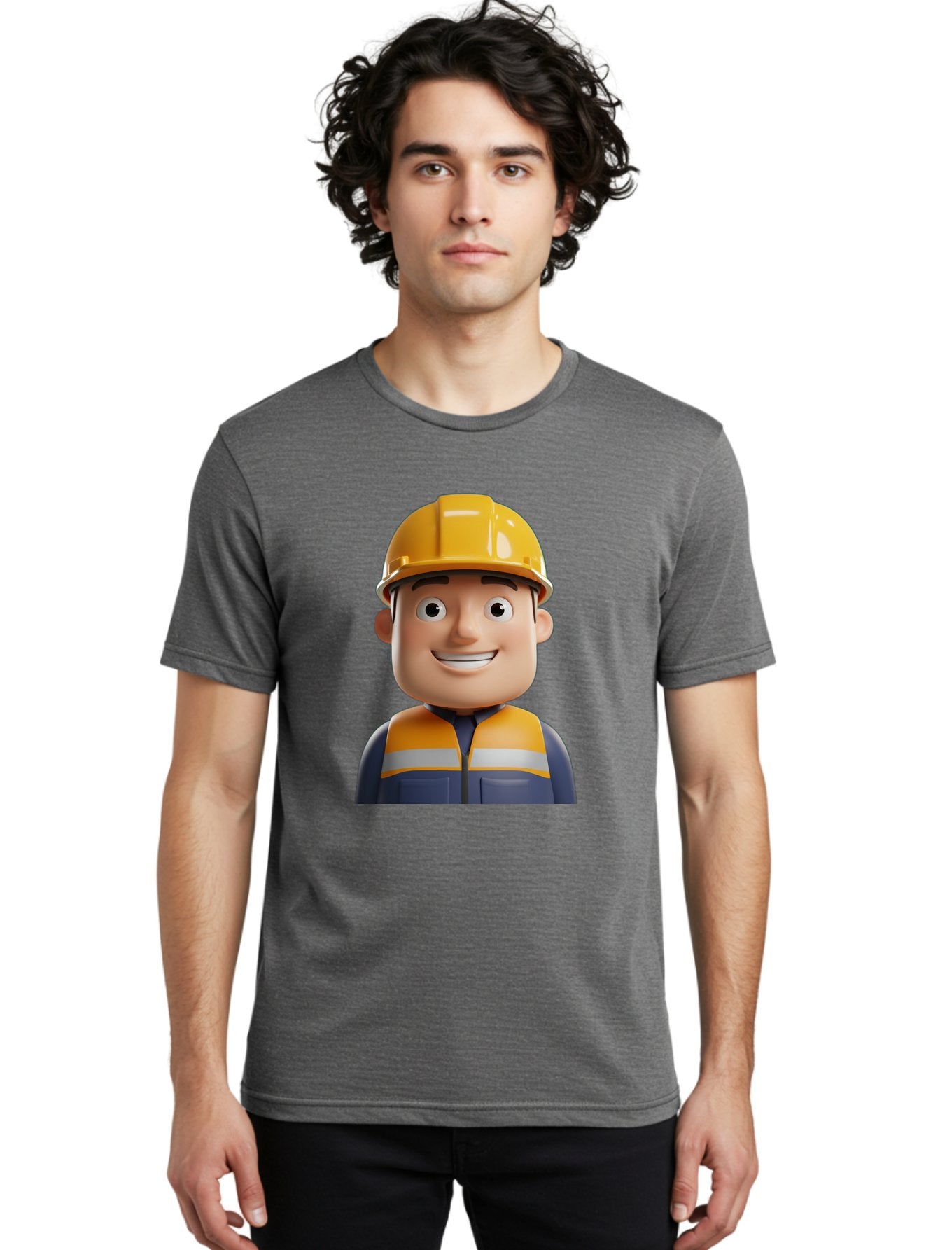 Construction-Worker-1 Men'S Graphic Tee, 100% Cotton, Comfortable Casual Summer Wear, Machine Washable, 3D Cartoon Character, Construction Worker, Hard Hat, Safety Vest, Reflective Stripes, Smiling Face, Blue Uniform, Yellow Helmet, Bac892 27