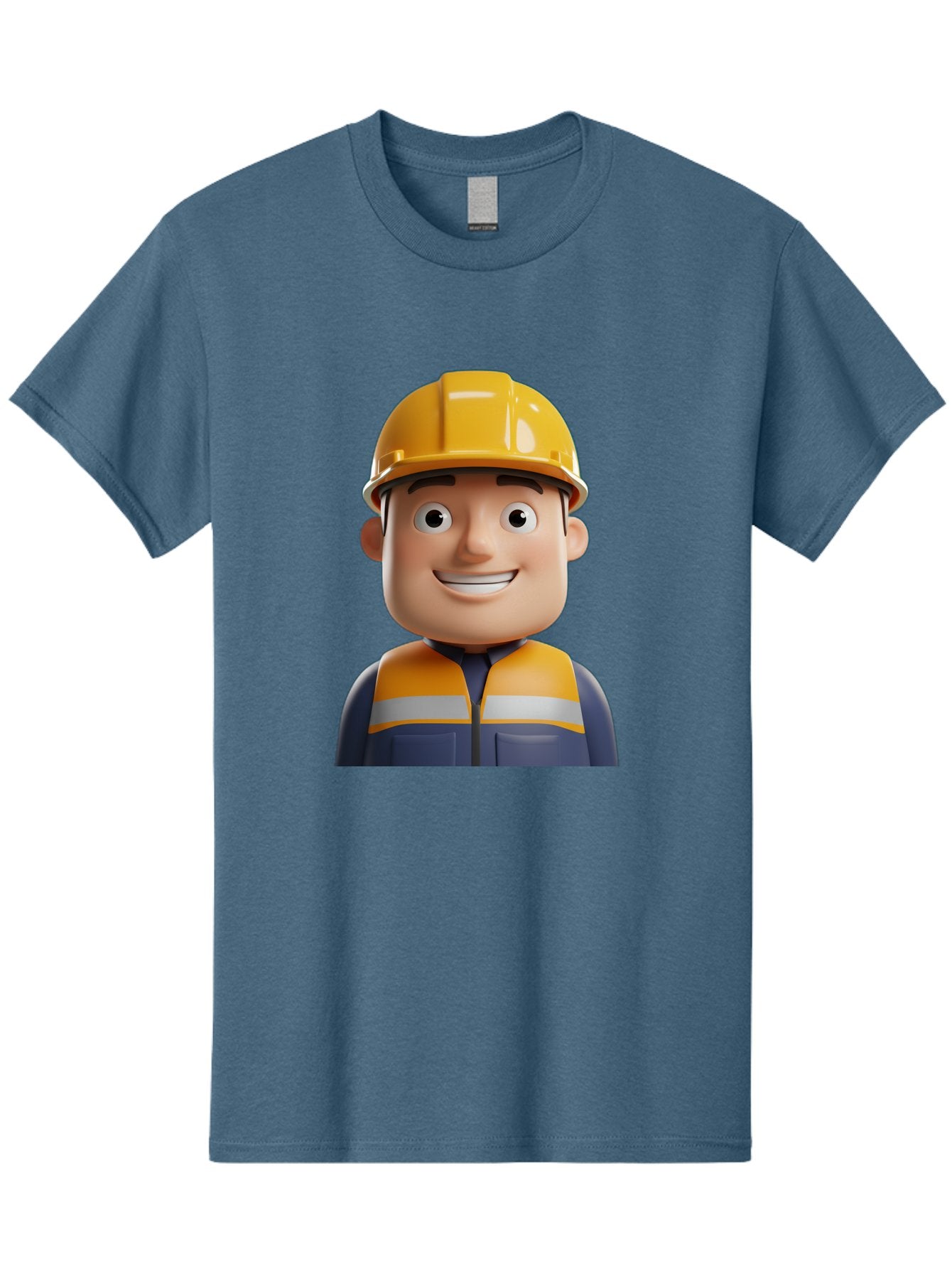 Construction-Worker-1 Men'S Graphic Tee, 100% Cotton, Comfortable Casual Summer Wear, Machine Washable, 3D Cartoon Character, Construction Worker, Hard Hat, Safety Vest, Reflective Stripes, Smiling Face, Blue Uniform, Yellow Helmet, Bac892 12