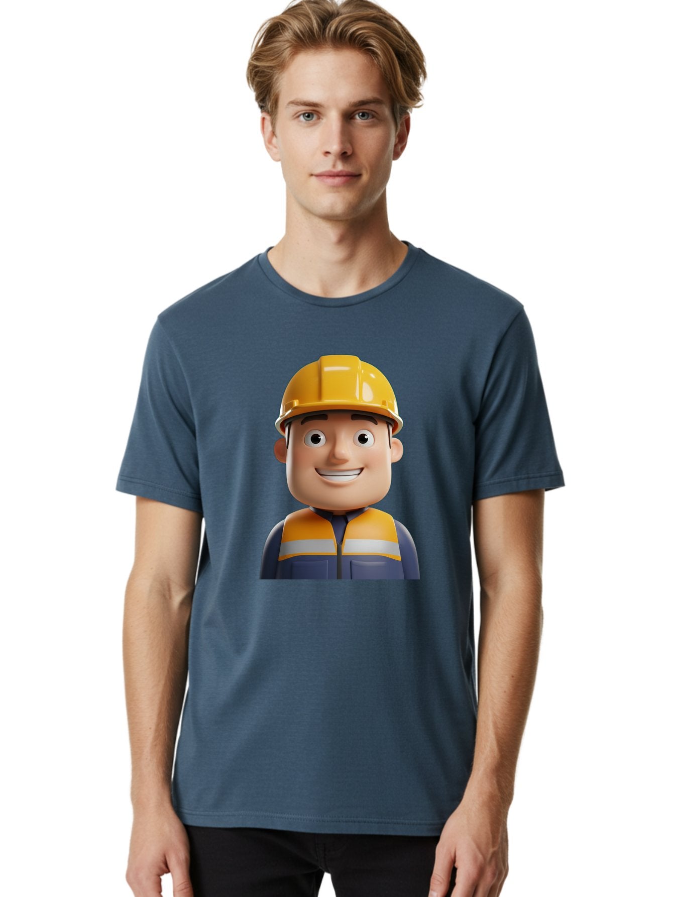 Construction-Worker-1 Men'S Graphic Tee, 100% Cotton, Comfortable Casual Summer Wear, Machine Washable, 3D Cartoon Character, Construction Worker, Hard Hat, Safety Vest, Reflective Stripes, Smiling Face, Blue Uniform, Yellow Helmet, Bac892 28
