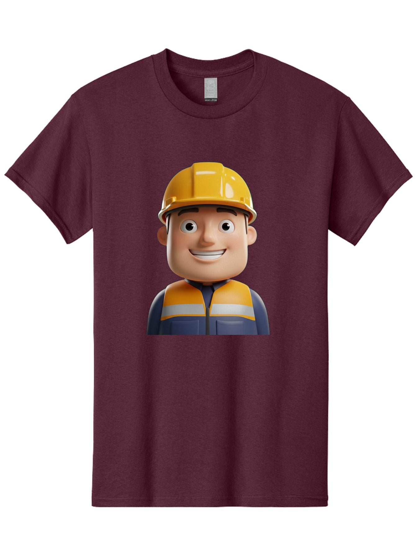 Construction-Worker-1 Men'S Graphic Tee, 100% Cotton, Comfortable Casual Summer Wear, Machine Washable, 3D Cartoon Character, Construction Worker, Hard Hat, Safety Vest, Reflective Stripes, Smiling Face, Blue Uniform, Yellow Helmet, Bac892