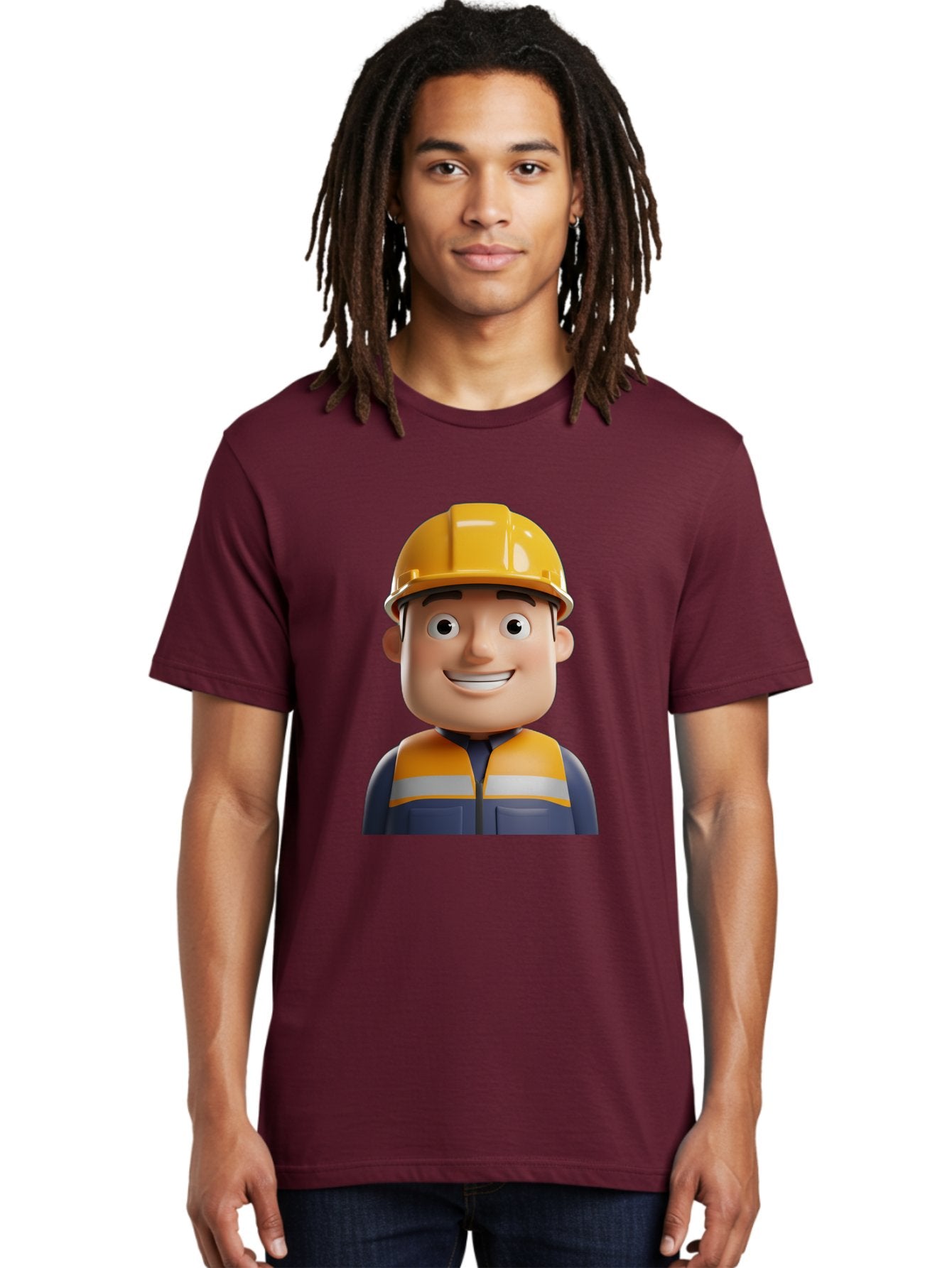 Construction-Worker-1 Men'S Graphic Tee, 100% Cotton, Comfortable Casual Summer Wear, Machine Washable, 3D Cartoon Character, Construction Worker, Hard Hat, Safety Vest, Reflective Stripes, Smiling Face, Blue Uniform, Yellow Helmet, Bac892 21