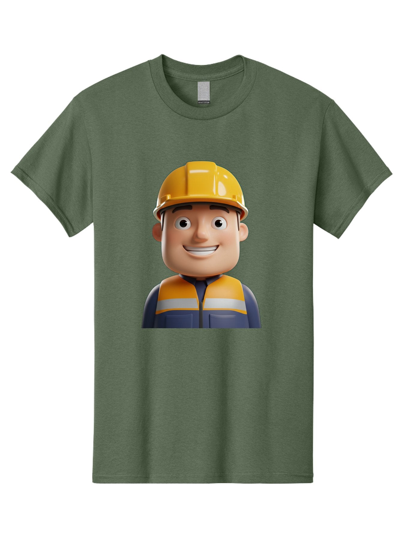Construction-Worker-1 Men'S Graphic Tee, 100% Cotton, Comfortable Casual Summer Wear, Machine Washable, 3D Cartoon Character, Construction Worker, Hard Hat, Safety Vest, Reflective Stripes, Smiling Face, Blue Uniform, Yellow Helmet, Bac892 5