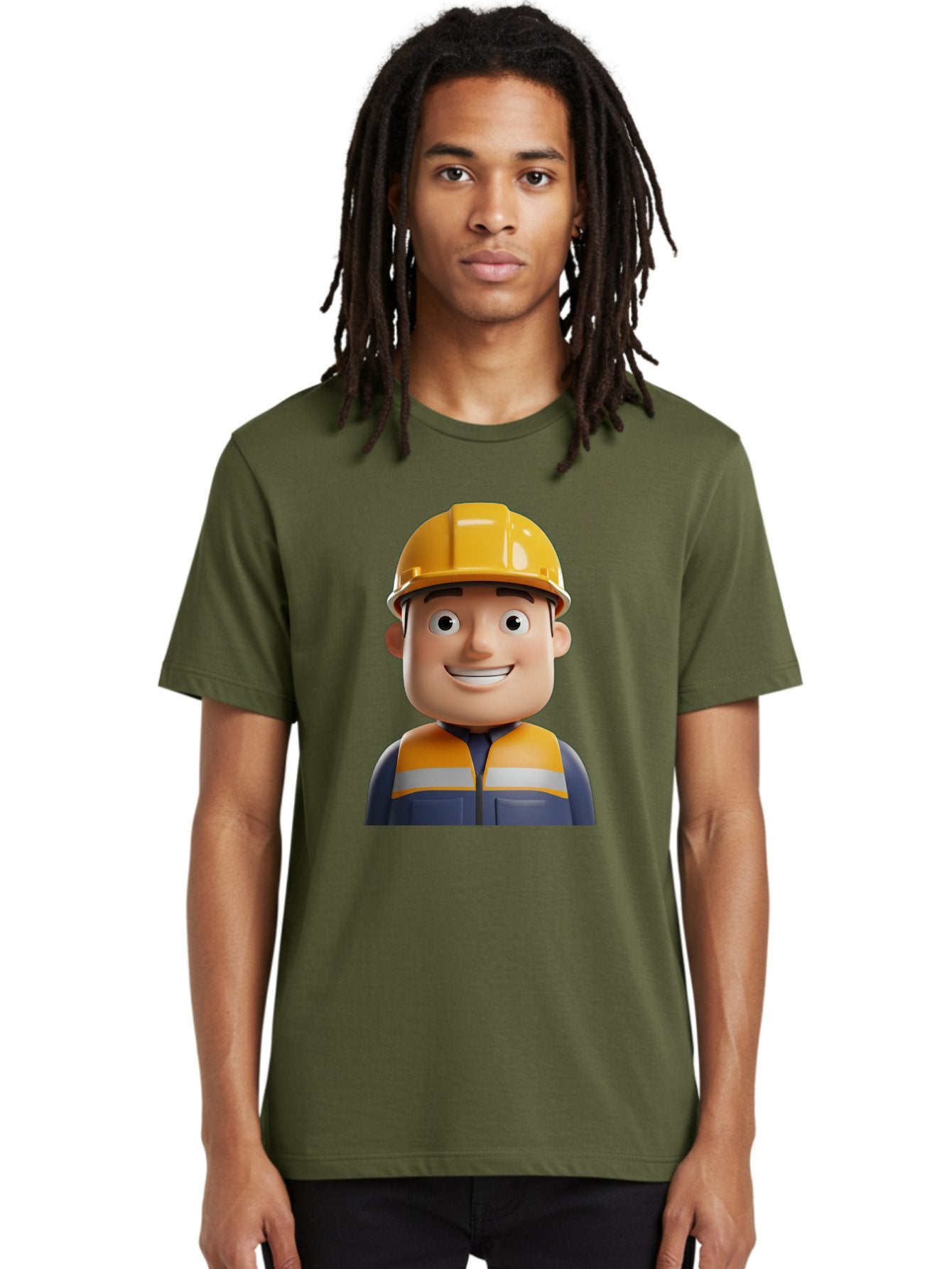 Construction-Worker-1 Men'S Graphic Tee, 100% Cotton, Comfortable Casual Summer Wear, Machine Washable, 3D Cartoon Character, Construction Worker, Hard Hat, Safety Vest, Reflective Stripes, Smiling Face, Blue Uniform, Yellow Helmet, Bac892 23