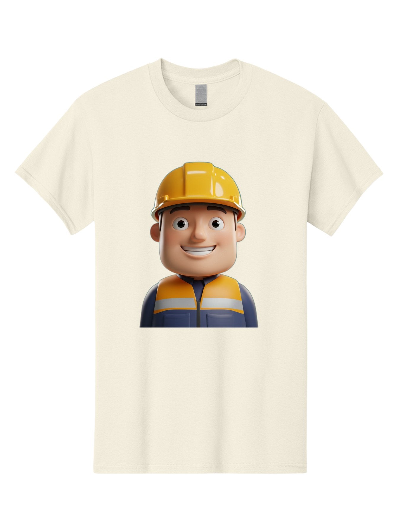Construction-Worker-1 Men'S Graphic Tee, 100% Cotton, Comfortable Casual Summer Wear, Machine Washable, 3D Cartoon Character, Construction Worker, Hard Hat, Safety Vest, Reflective Stripes, Smiling Face, Blue Uniform, Yellow Helmet, Bac892 4