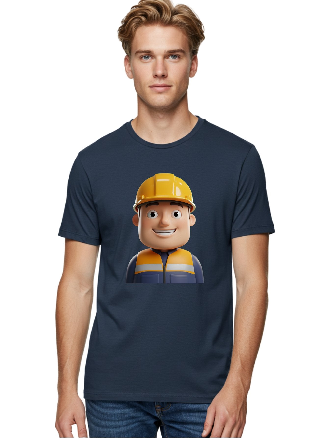 Construction-Worker-1 Men'S Graphic Tee, 100% Cotton, Comfortable Casual Summer Wear, Machine Washable, 3D Cartoon Character, Construction Worker, Hard Hat, Safety Vest, Reflective Stripes, Smiling Face, Blue Uniform, Yellow Helmet, Bac892 20