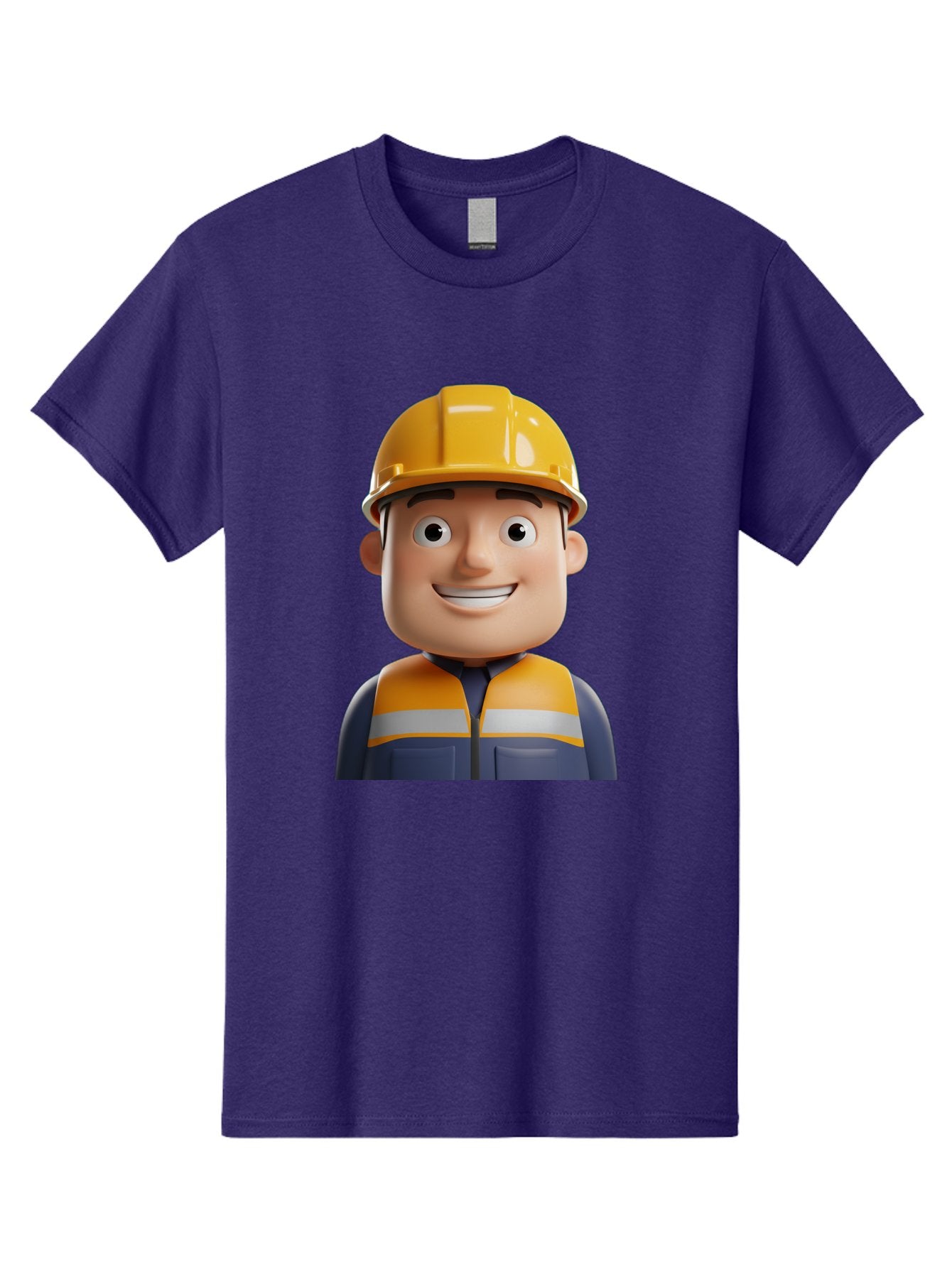 Construction-Worker-1 Men'S Graphic Tee, 100% Cotton, Comfortable Casual Summer Wear, Machine Washable, 3D Cartoon Character, Construction Worker, Hard Hat, Safety Vest, Reflective Stripes, Smiling Face, Blue Uniform, Yellow Helmet, Bac892 10