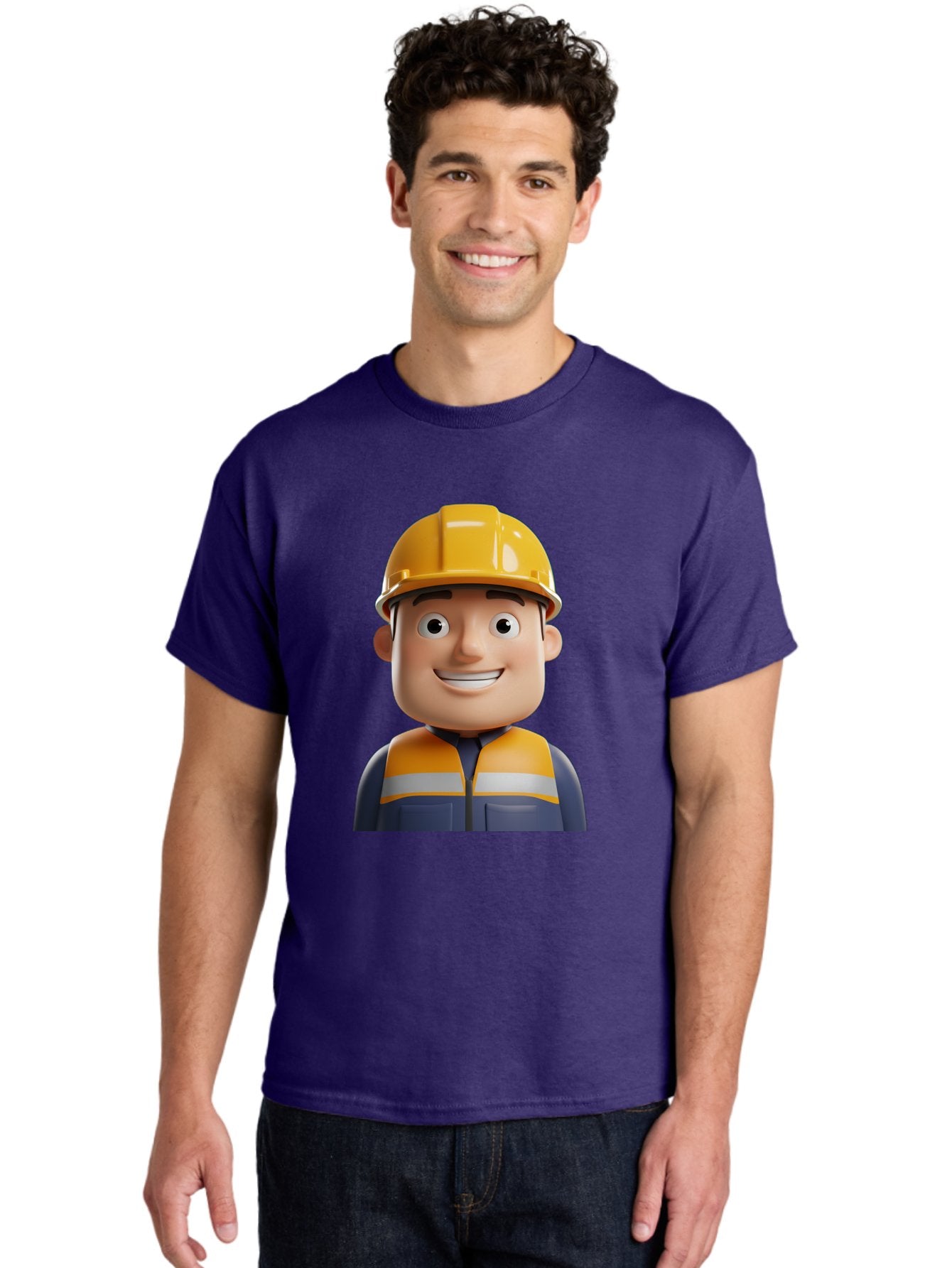 Construction-Worker-1 Men'S Graphic Tee, 100% Cotton, Comfortable Casual Summer Wear, Machine Washable, 3D Cartoon Character, Construction Worker, Hard Hat, Safety Vest, Reflective Stripes, Smiling Face, Blue Uniform, Yellow Helmet, Bac892 17