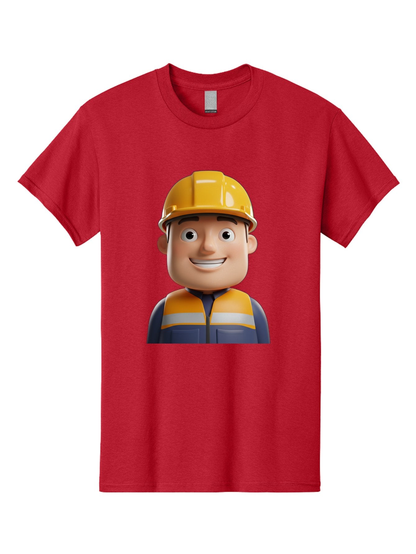 Construction-Worker-1 Men'S Graphic Tee, 100% Cotton, Comfortable Casual Summer Wear, Machine Washable, 3D Cartoon Character, Construction Worker, Hard Hat, Safety Vest, Reflective Stripes, Smiling Face, Blue Uniform, Yellow Helmet, Bac892