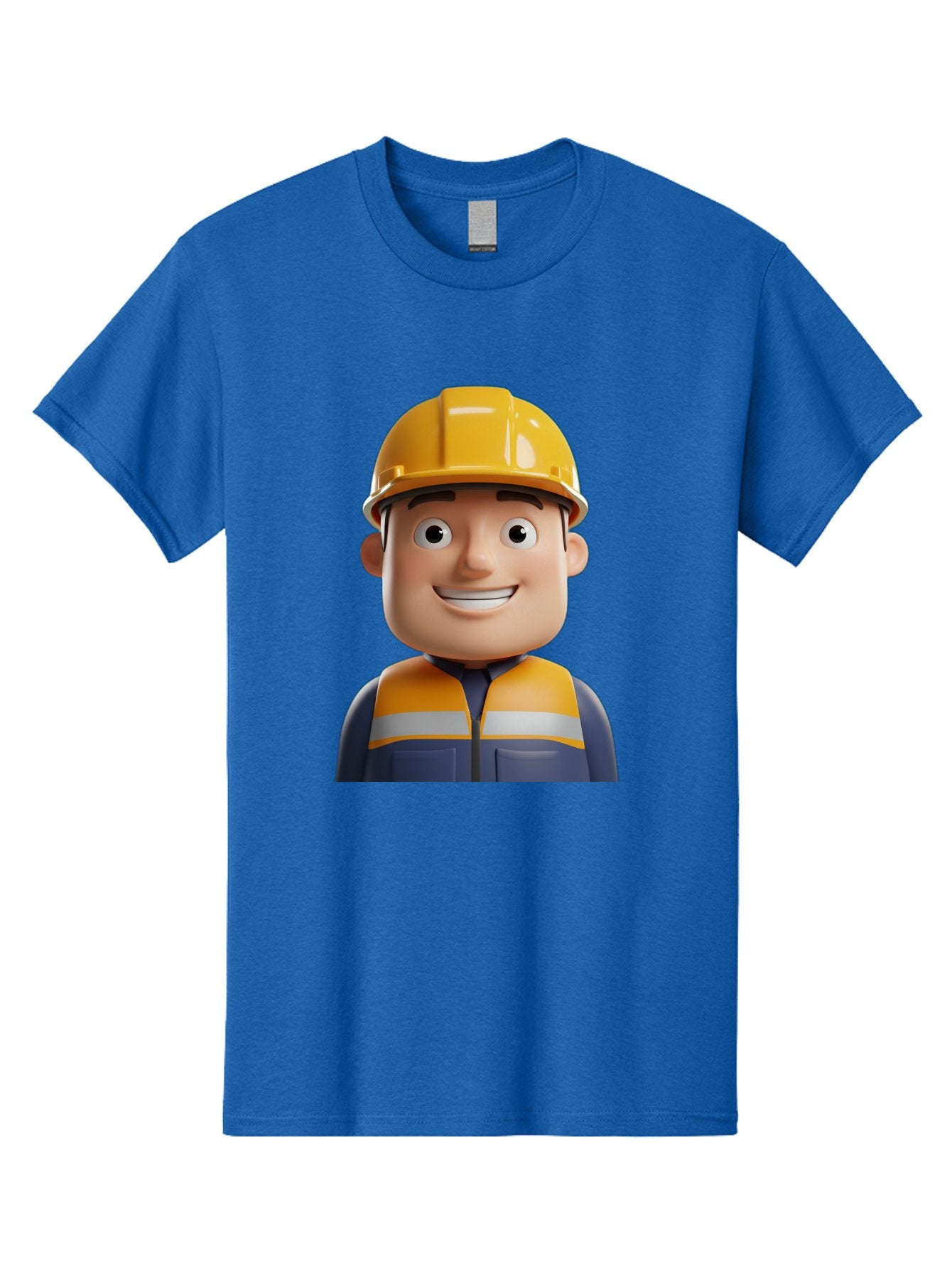 Construction-Worker-1 Men'S Graphic Tee, 100% Cotton, Comfortable Casual Summer Wear, Machine Washable, 3D Cartoon Character, Construction Worker, Hard Hat, Safety Vest, Reflective Stripes, Smiling Face, Blue Uniform, Yellow Helmet, Bac892 8