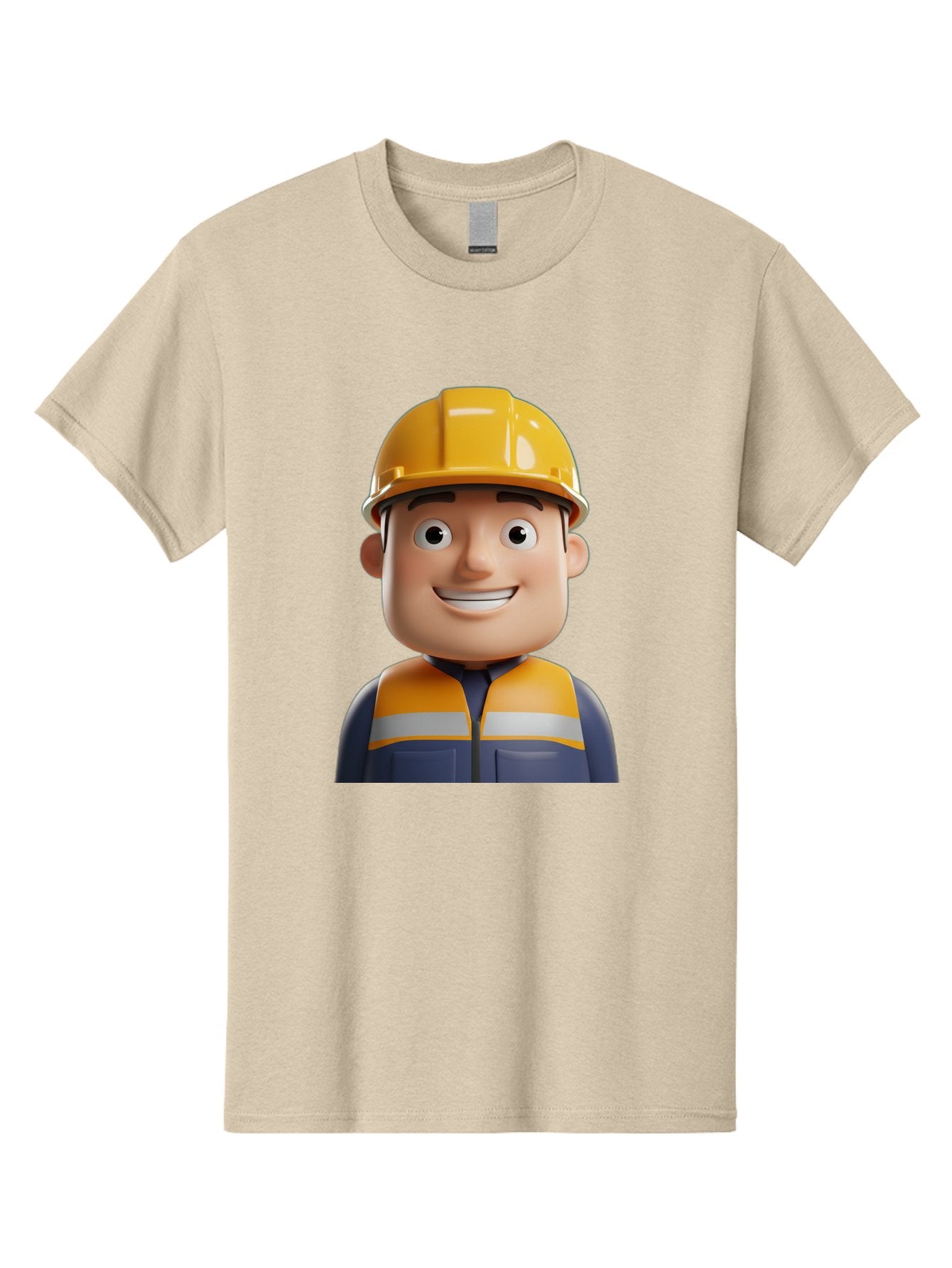 Construction-Worker-1 Men'S Graphic Tee, 100% Cotton, Comfortable Casual Summer Wear, Machine Washable, 3D Cartoon Character, Construction Worker, Hard Hat, Safety Vest, Reflective Stripes, Smiling Face, Blue Uniform, Yellow Helmet, Bac892 14