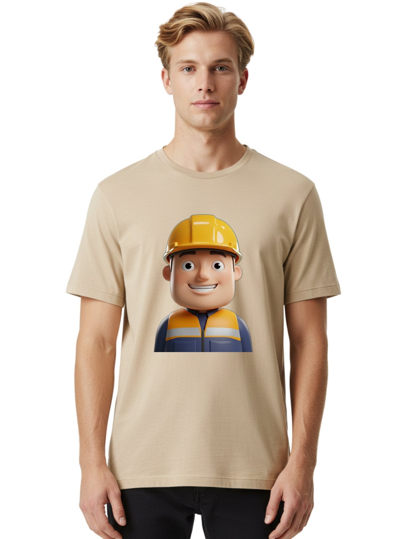Construction-Worker-1 Men'S Graphic Tee, 100% Cotton, Comfortable Casual Summer Wear, Machine Washable, 3D Cartoon Character, Construction Worker, Hard Hat, Safety Vest, Reflective Stripes, Smiling Face, Blue Uniform, Yellow Helmet, Bac892 29