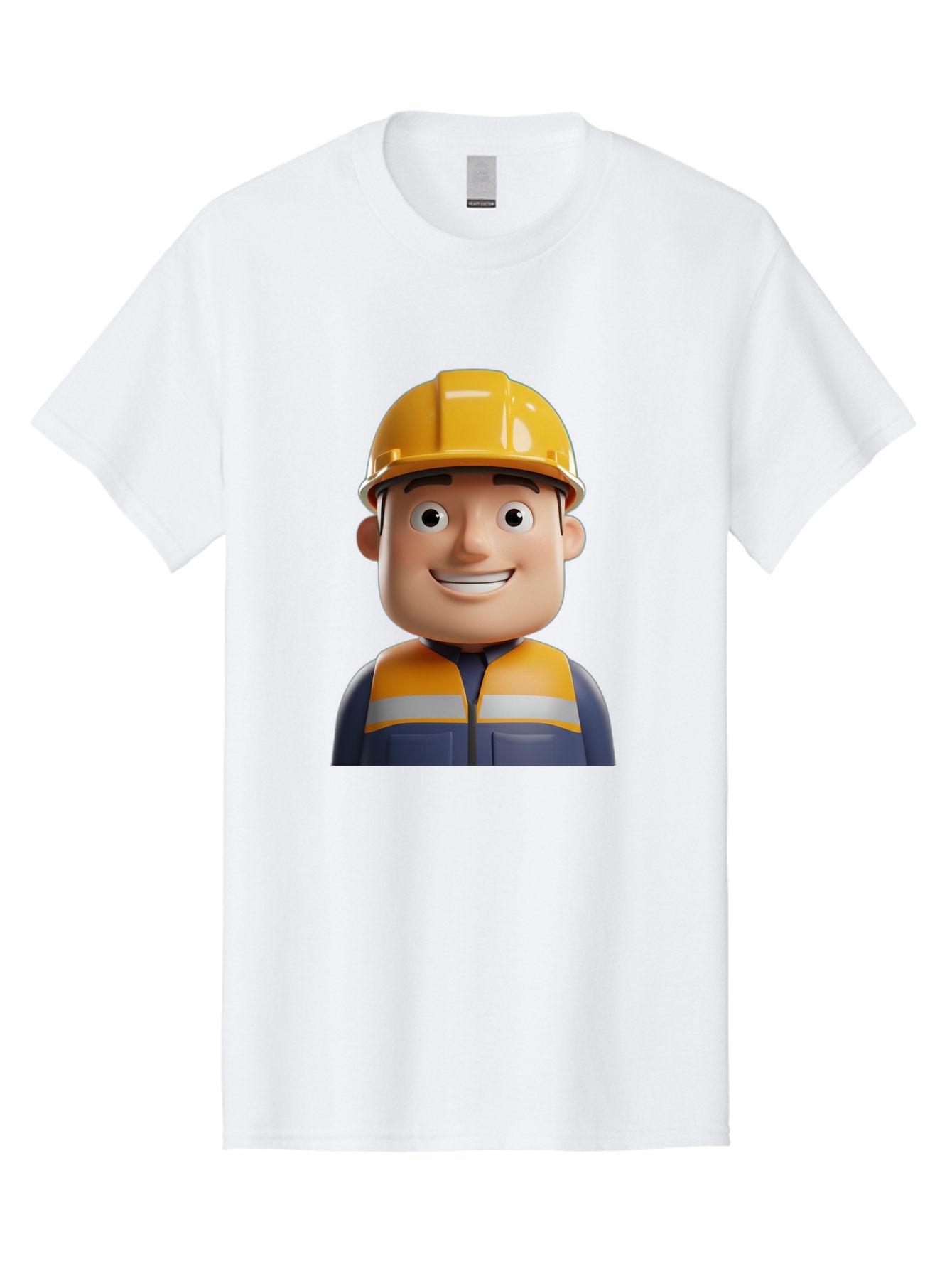 Construction-Worker-1 Men'S Graphic Tee, 100% Cotton, Comfortable Casual Summer Wear, Machine Washable, 3D Cartoon Character, Construction Worker, Hard Hat, Safety Vest, Reflective Stripes, Smiling Face, Blue Uniform, Yellow Helmet, Bac892 3