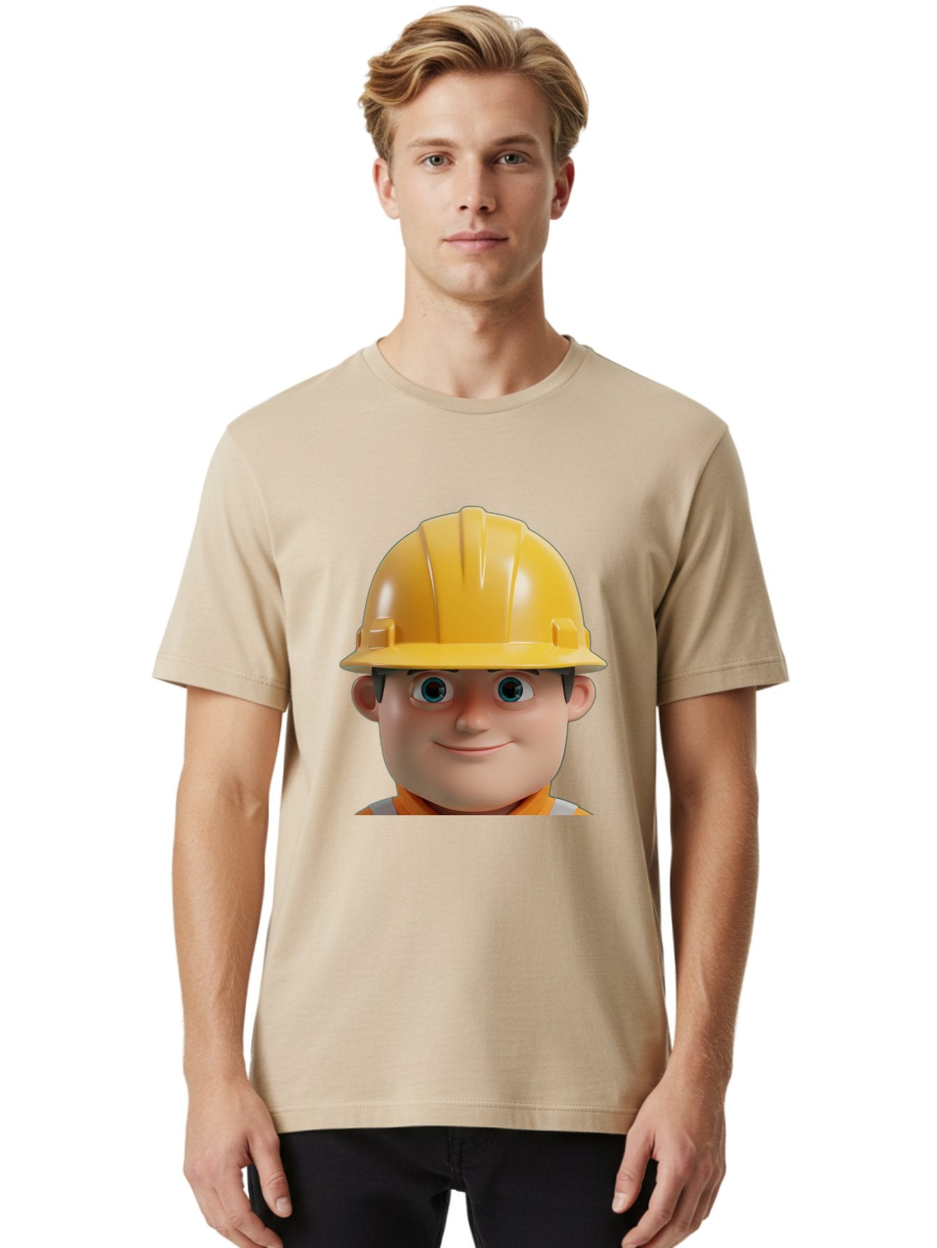 Construction-Worker-2 Men'S Graphic Tee, 100% Cotton, Comfortable Casual Summer Wear, Machine Washable, Cartoon Builder, Construction Worker, Yellow Hard Hat, Safety Helmet, Construction Site, Building Industry, Worker Safety, Bac893 30
